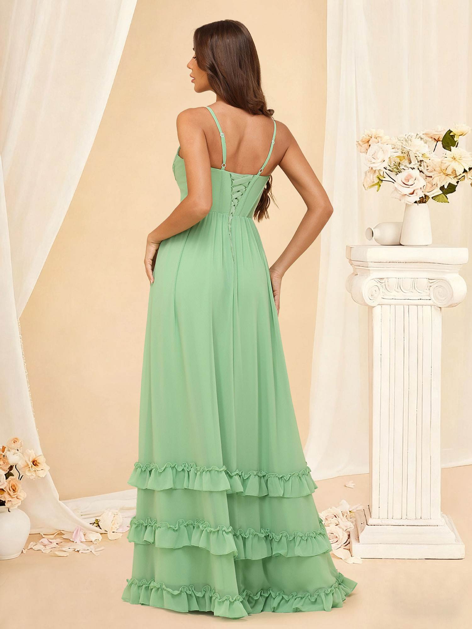A-Line Cowl Neck Spaghetti Straps Chiffon Slit Ruffles Bridesmaid Dress #RDBM2507130
