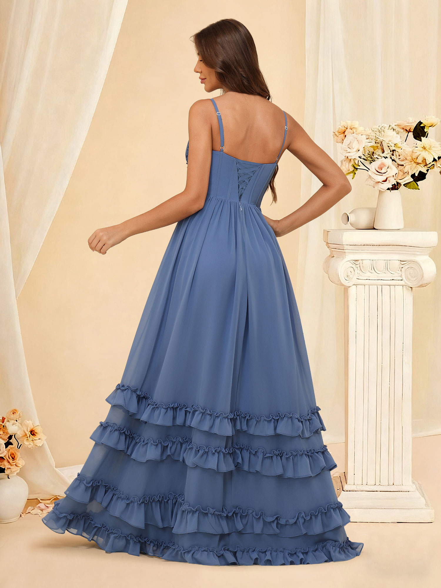 A-line V Neck Ruffles Spaghetti Straps Chiffon Bridesmaid Dress #RDBM2507033
