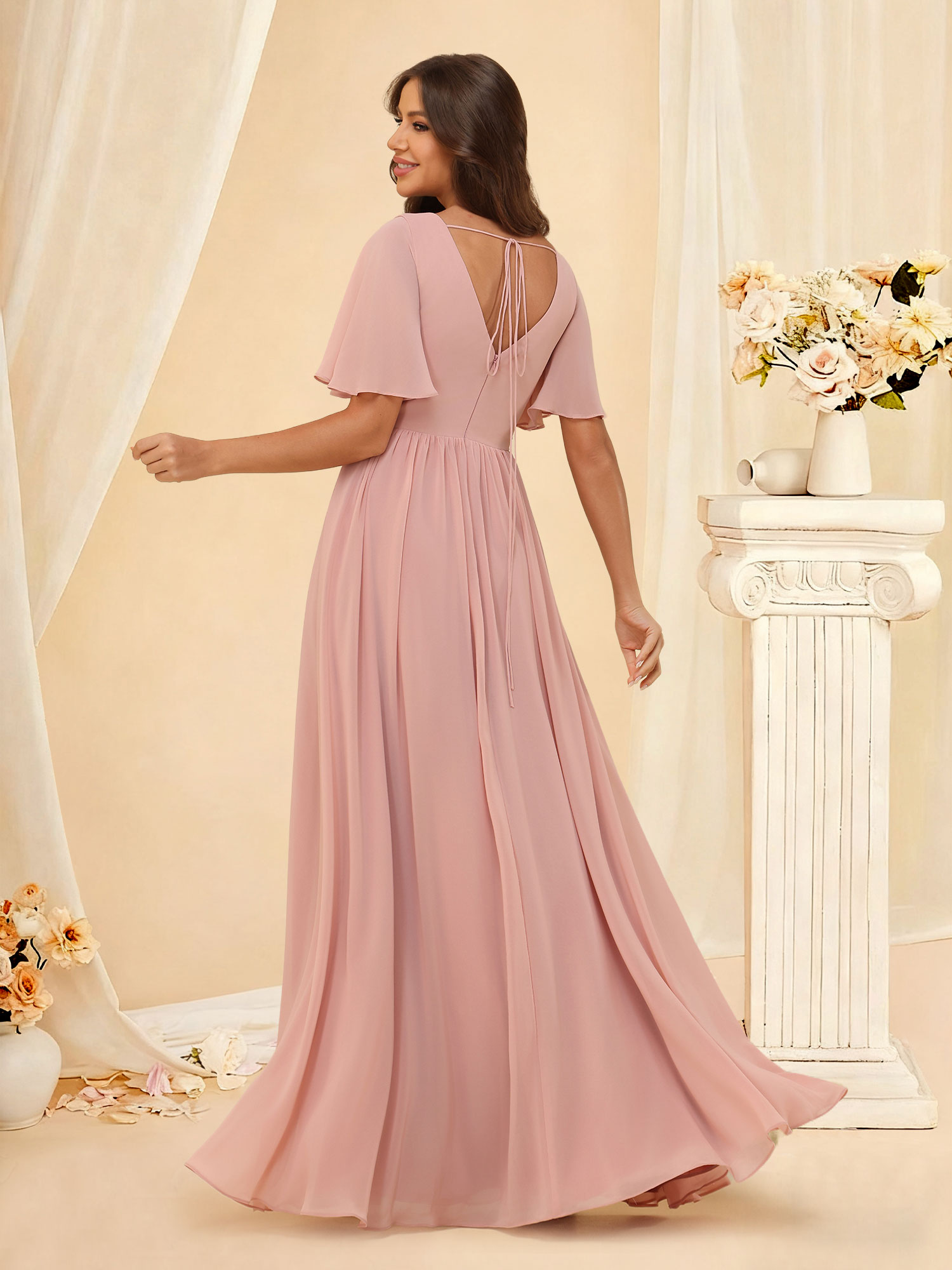 A-line Chiffon V Neck Flutter Sleeve Pleated Ruffled Bridesmaid Dress with Slit #RDBM2507137