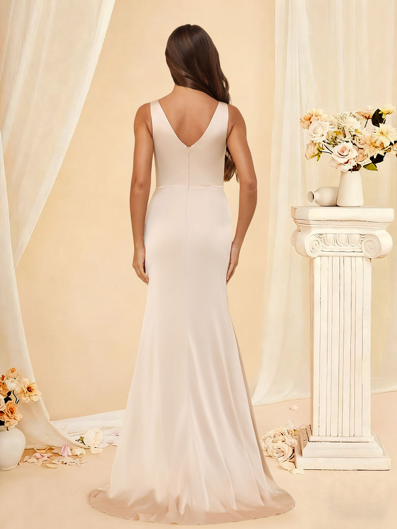 Mermaid V Neck Satin Pleated Bridesmaid Dress with Slit #RDBM2507144