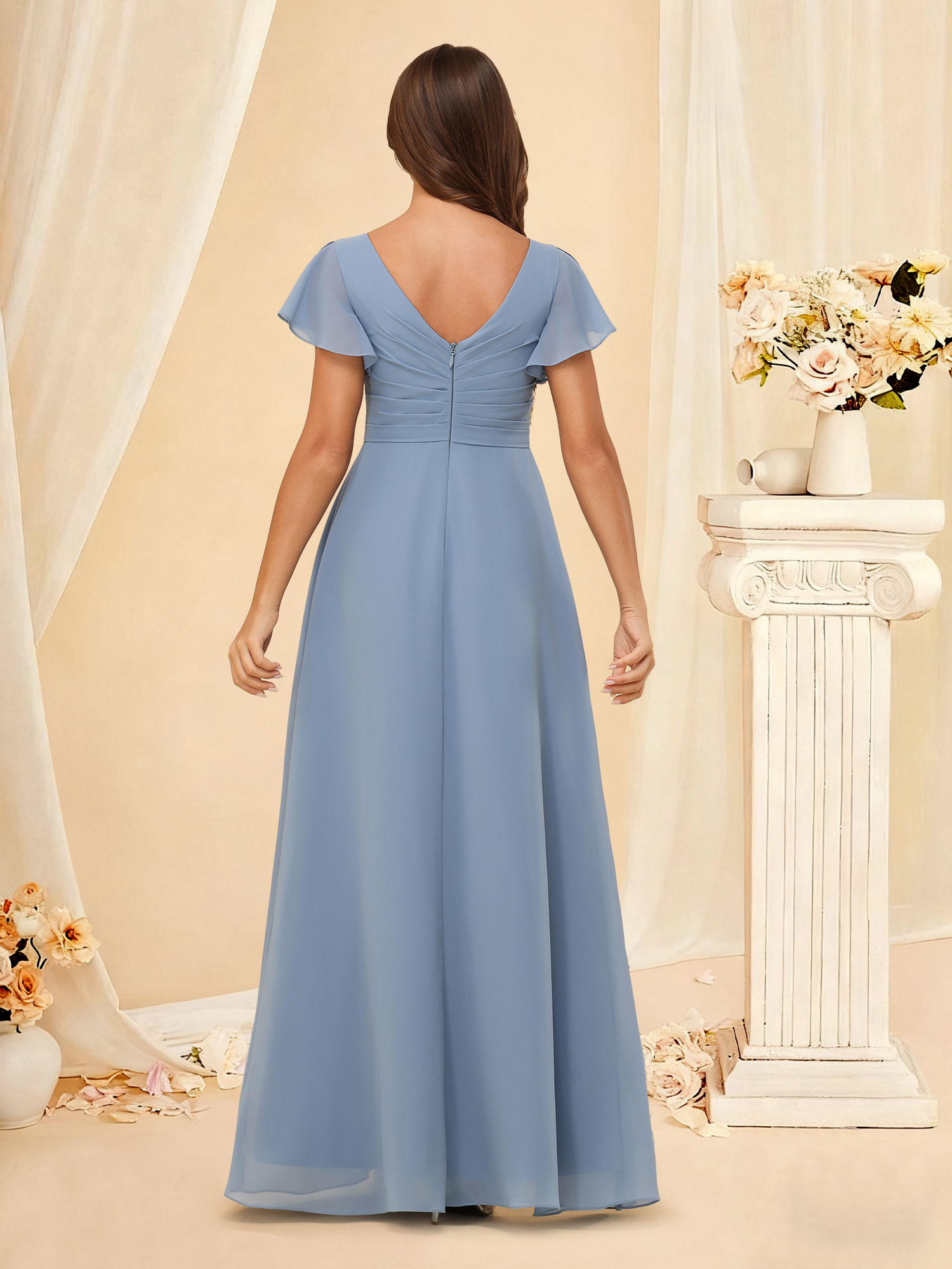 A-line V Neck Pleated Chiffon Ruffles Short Sleeves Bridesmaid Dress  #RDBM2507217