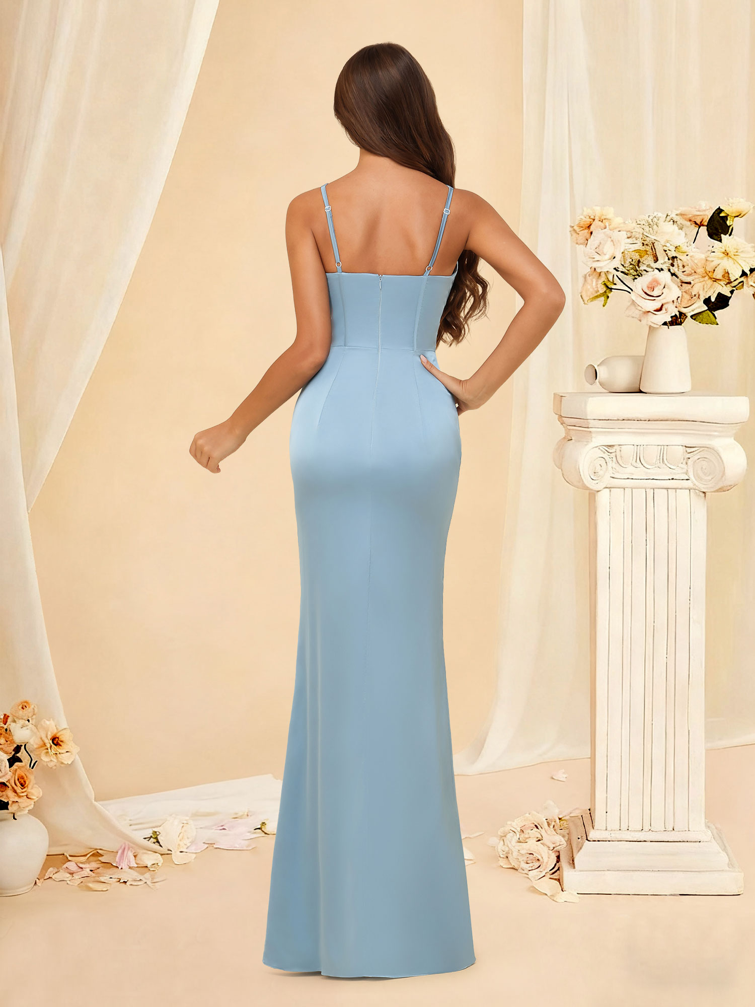 Mermaid V Neck Satin Corset pleated Backless Bodycon Prom Dress #RDBM2507143