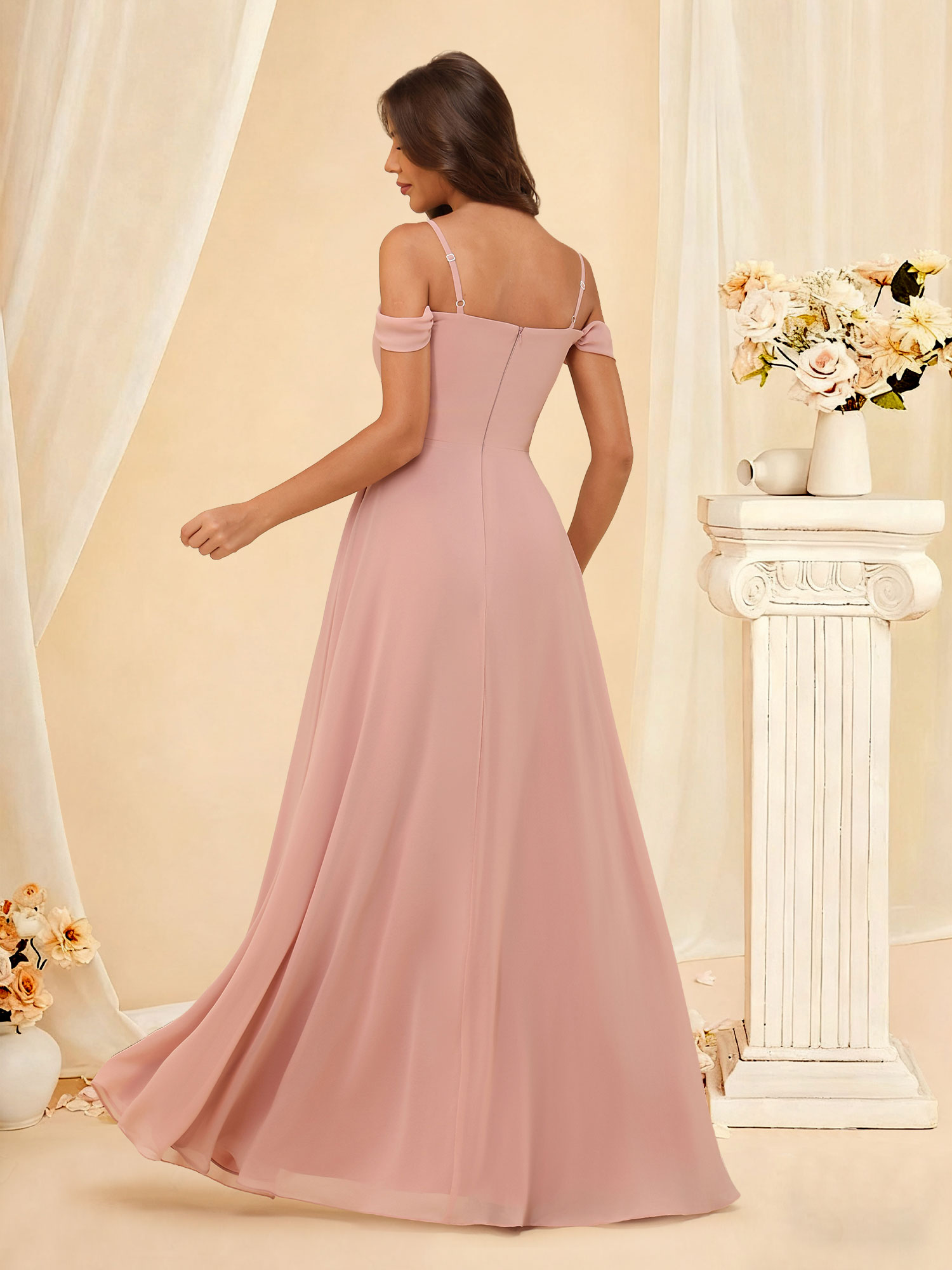 A-Line Off The Shoulder Pleated Chiffon Bridesmaid Dress with Pockets  #RDBM2507148
