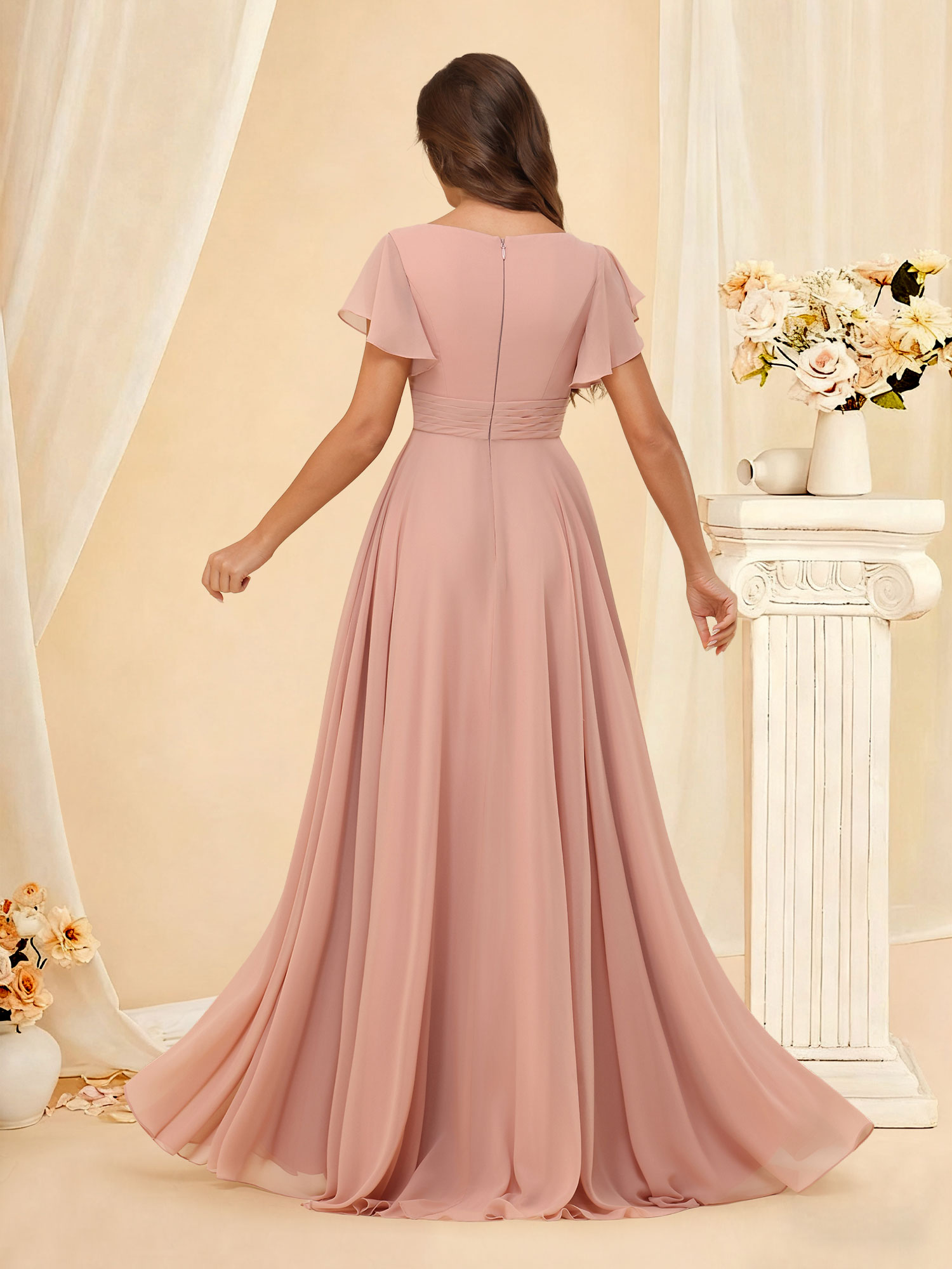 A Line V-neck Flutter Sleeves Chiffon Bridesmaid Dress Slit #RDBM2507219
