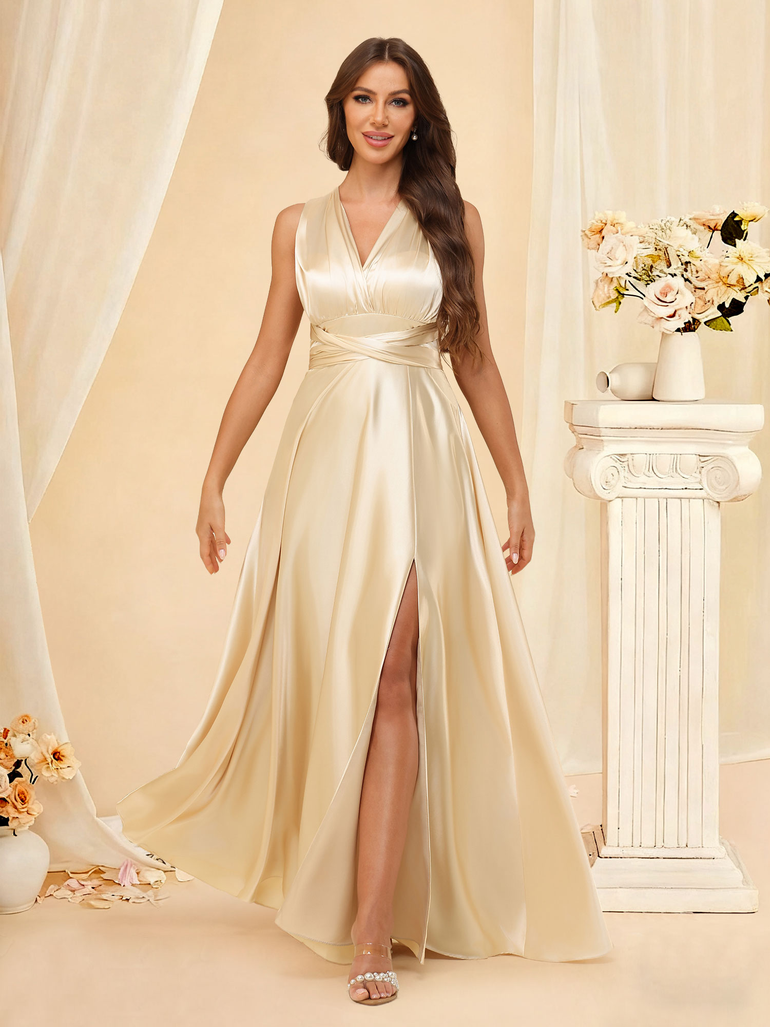 A Line Halter Prom Gown Satin Sleeveless Long Bridesmaid Dress #RDBM2507220