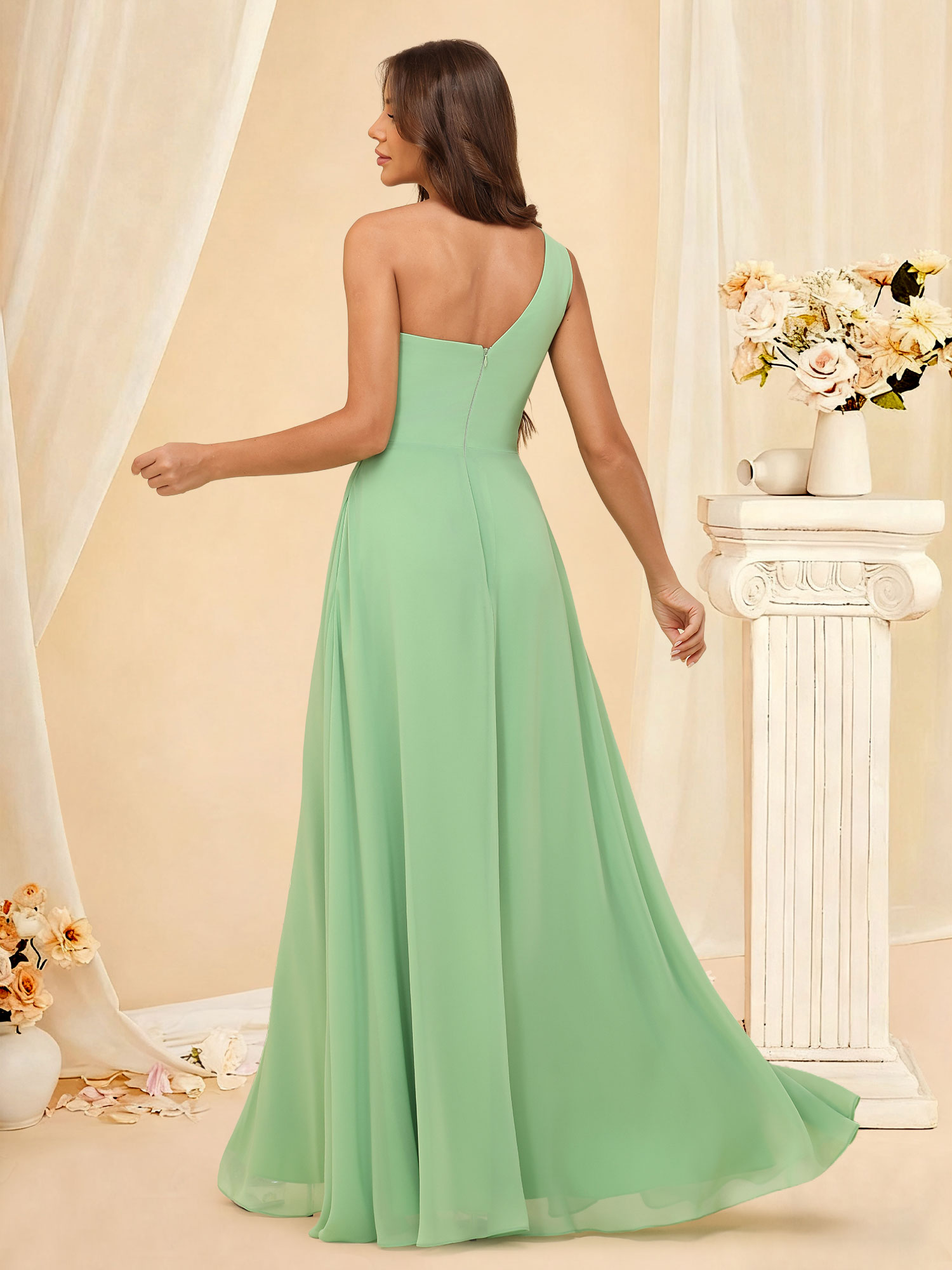 A-Line One Shoulder Chiffon Ruffles Slit Bridesmaid Dress with Pockets #RDBM2507131