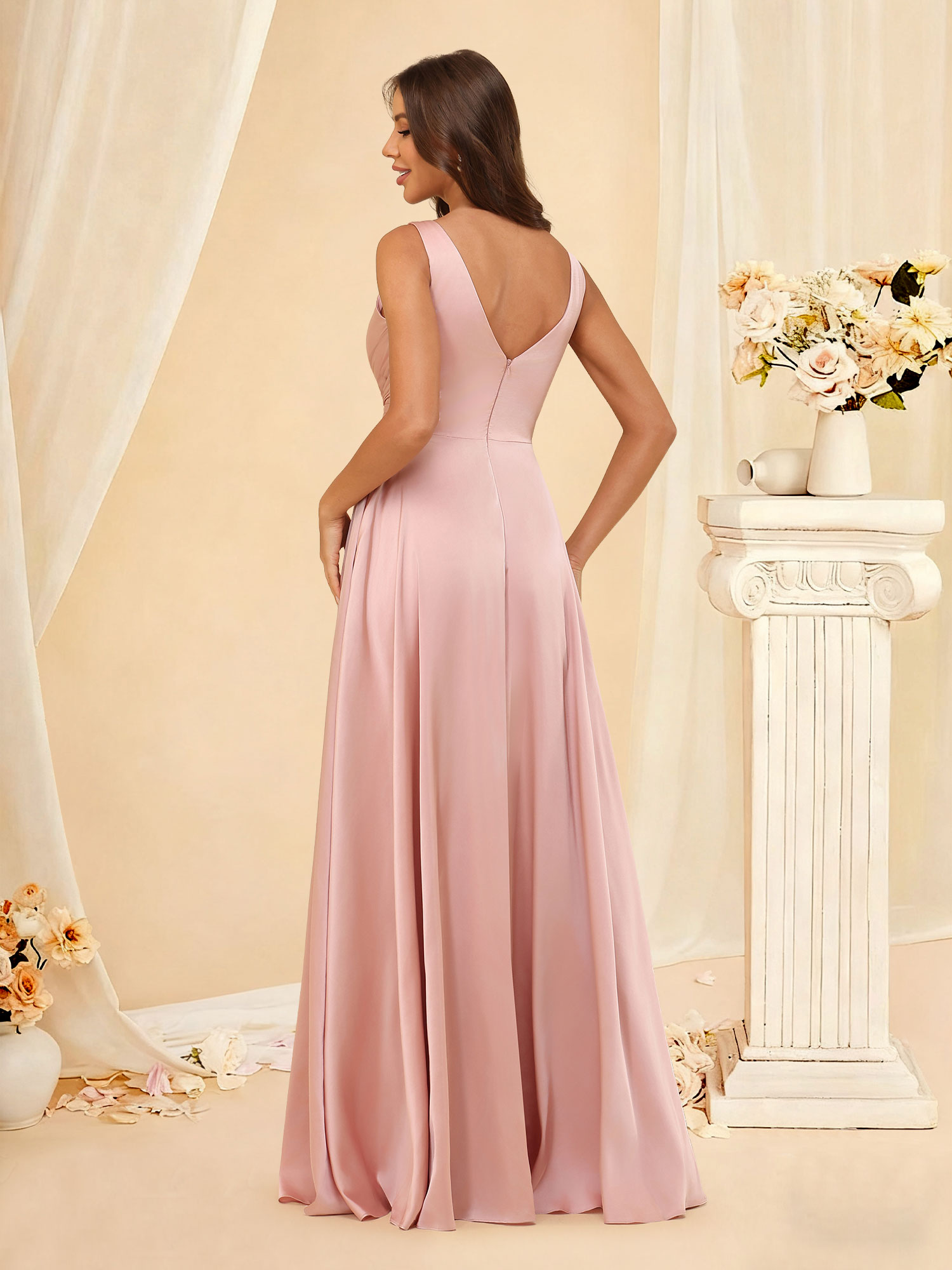 A-line V-Neck Pleated Ruffled Satin Bridesmaid Dress with Pocket #RDBM2507147