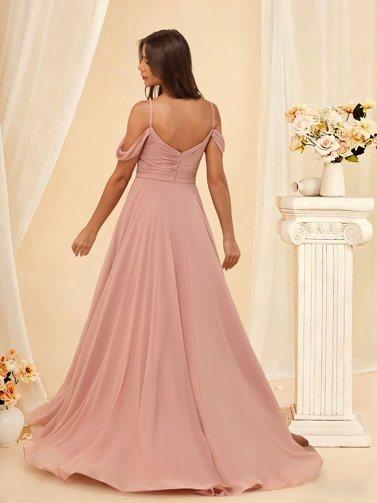 A-Line Off The Shoulder Ruched Chiffon Long Slit Bridesmaid Dress #RDBM2507215