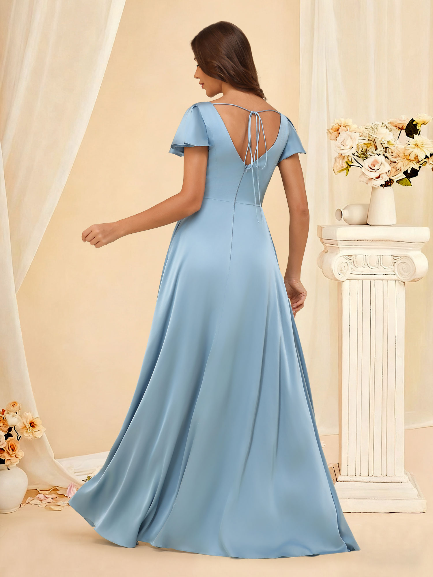 A-line V-Neck Ruffle Slit Satin Short Sleeve Bridesmaid Dress #RDBM2508022
