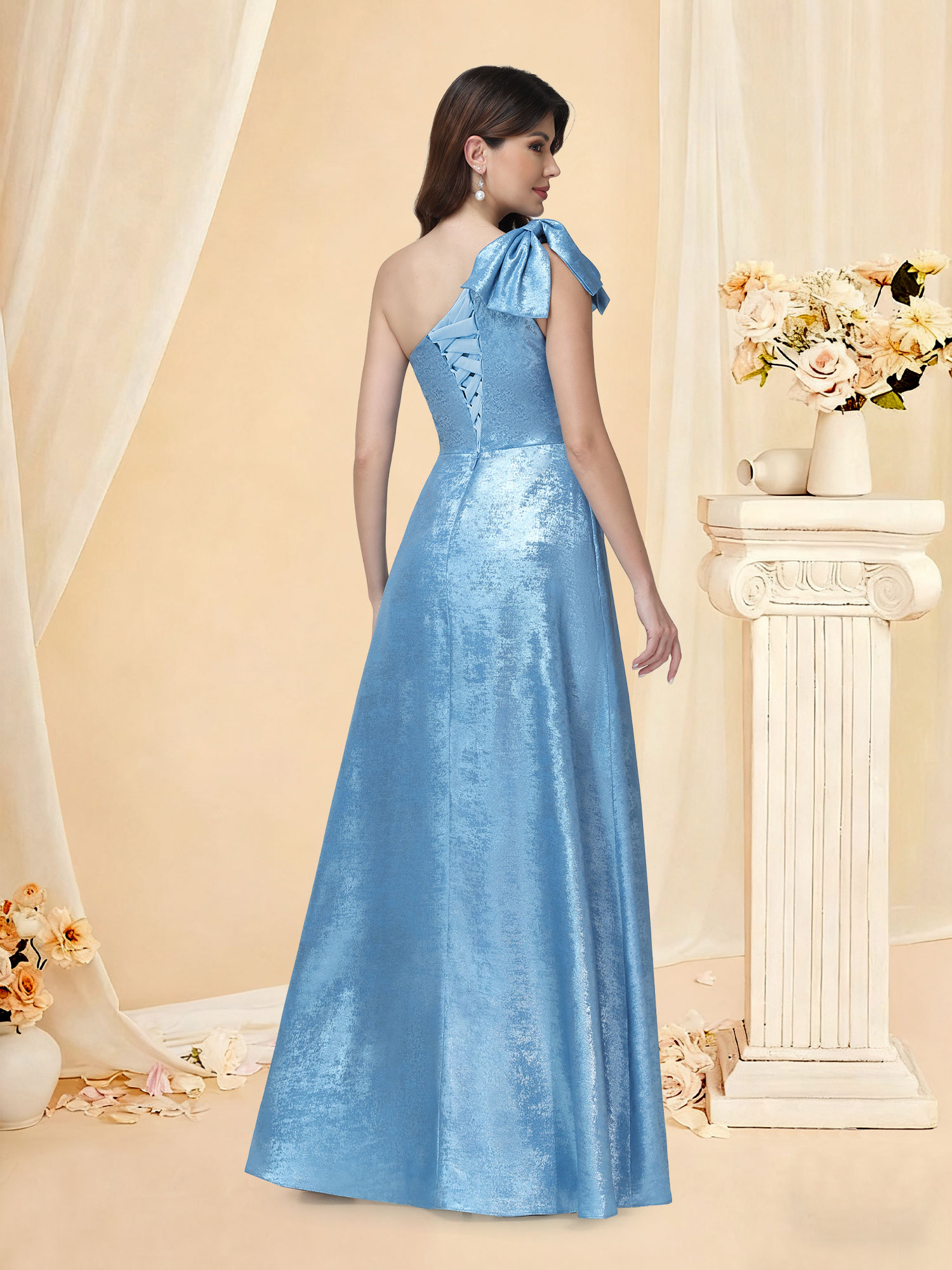 A-line One Shoulder Bridesmaid Dress Split Glitter Satin Prom Gown with Bow #RDBM2512052