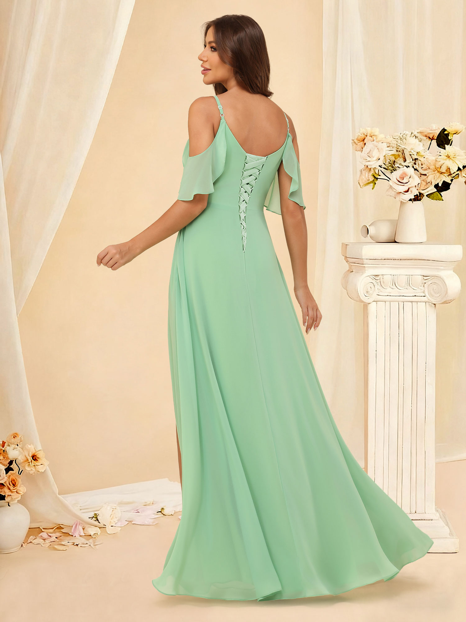 A-line Off Shoulder Chiffon Slit Ruffles Sleeve Corset Bridesmaid Dress #RDBM2507134