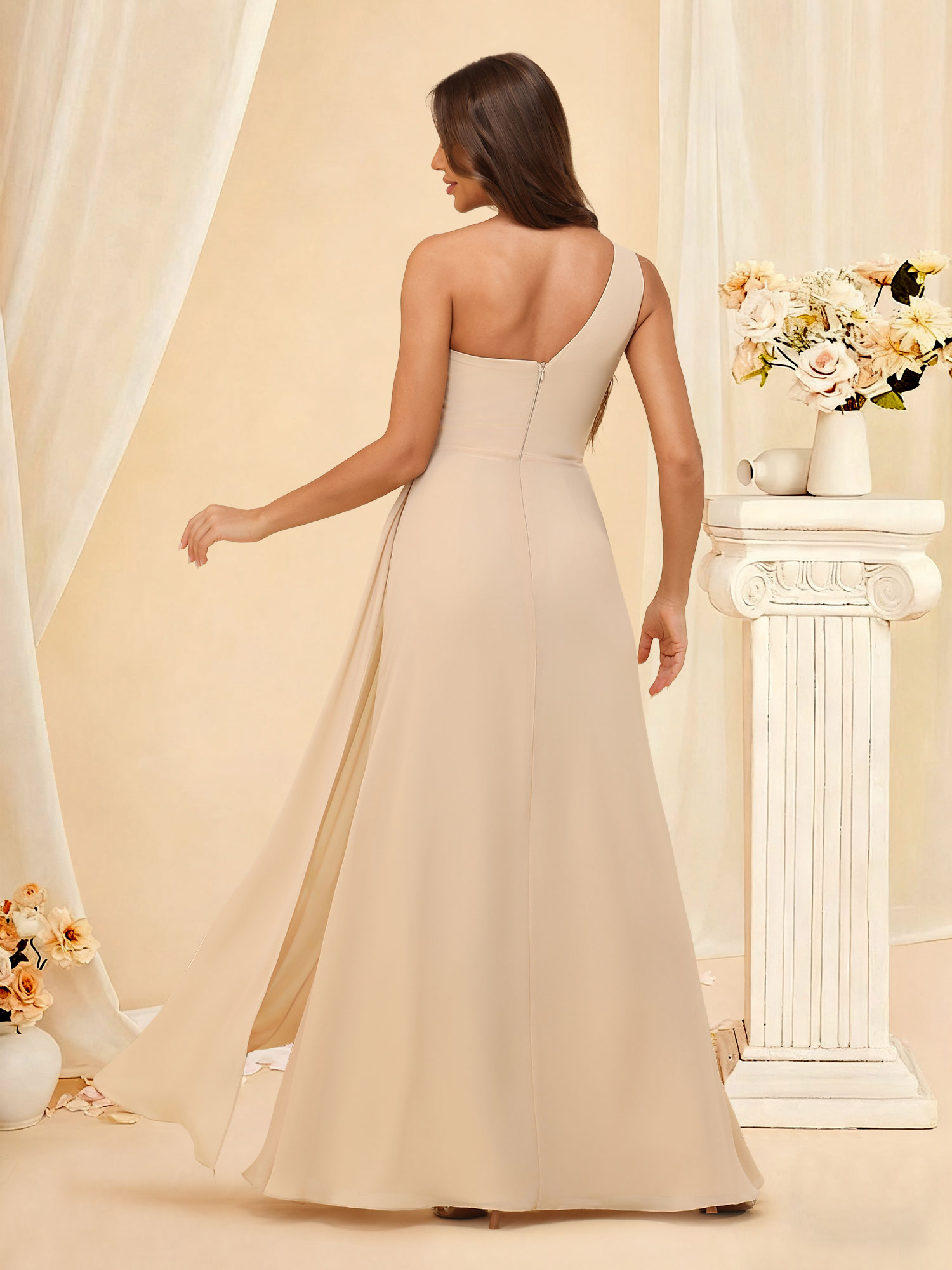 A-Line One Shoulder Chiffon Pleated Knotted Waistline Bridesmaid Dress #RDBM2503006