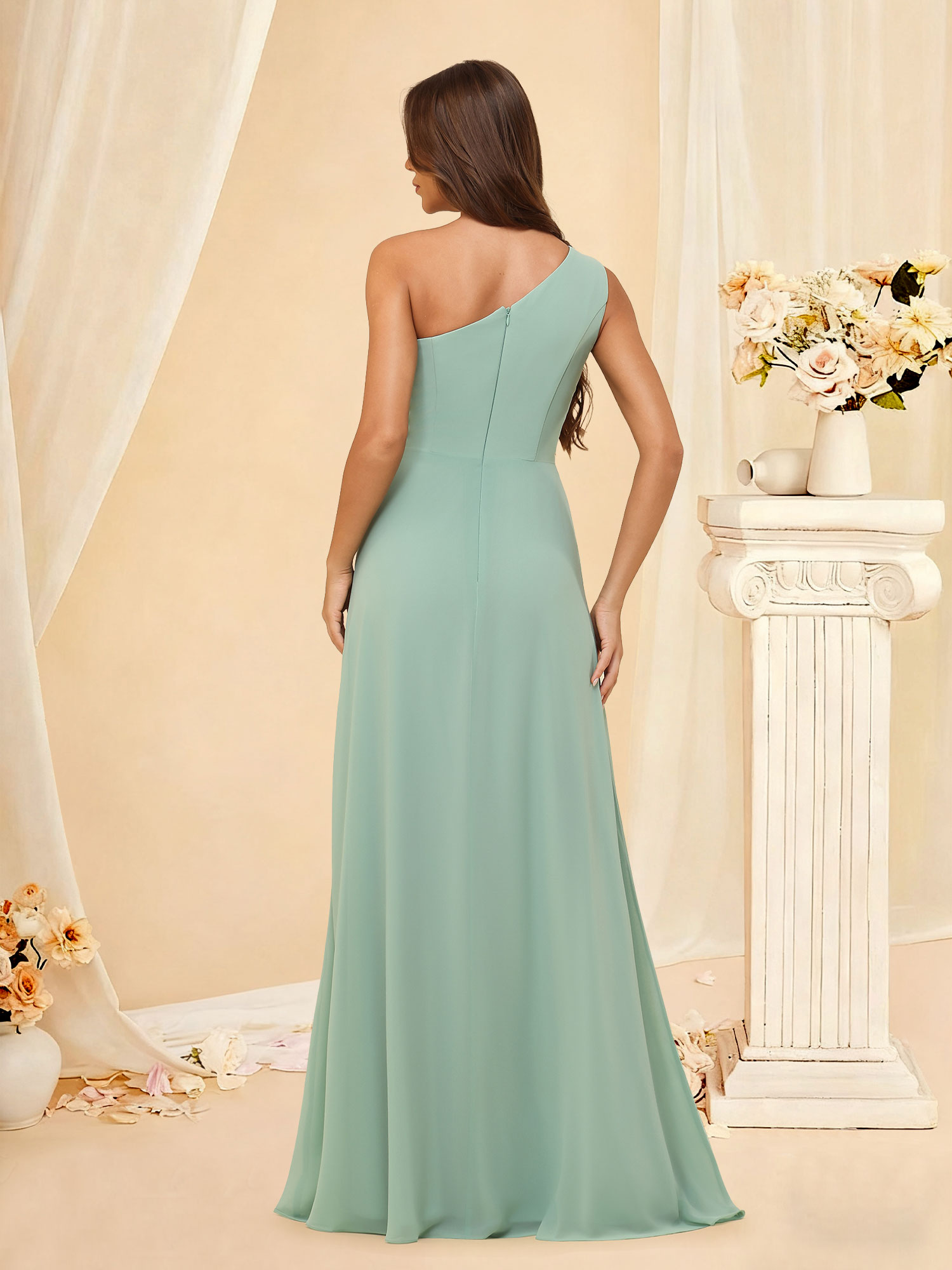 A-line One Shoulder Ruched Chiffon Slit Sleeveless Back Zip Bridesmaid Dress #RDBM2508033