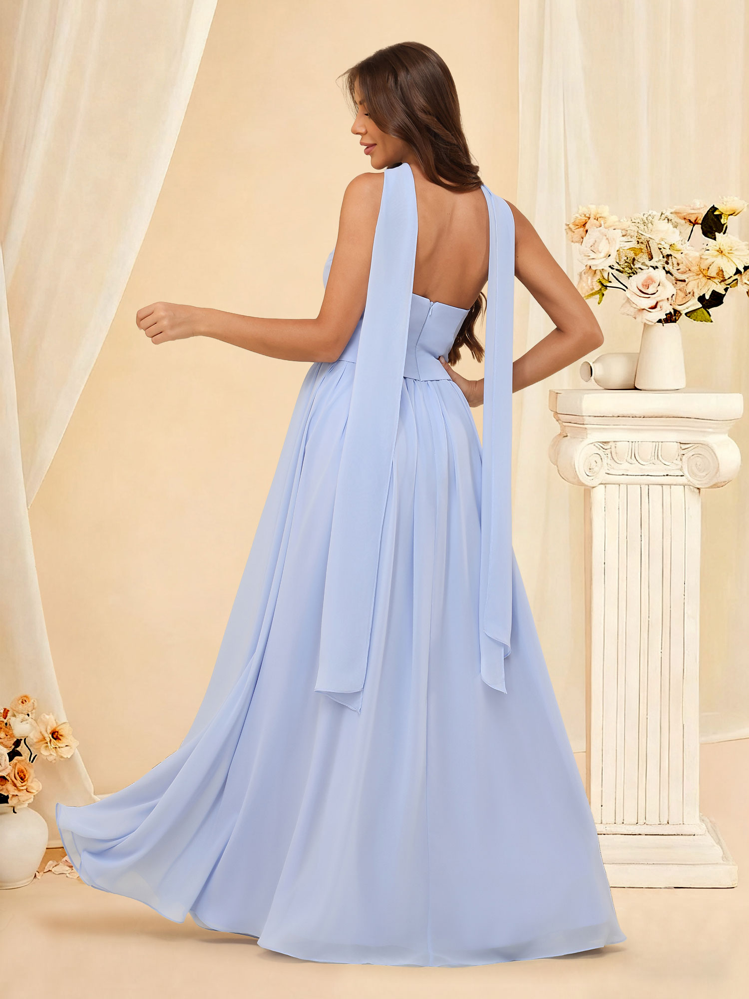 Elegant A-line Strapless Chiffon Pleated Slit Bridesmaid Dress with Scarf #RDBM2507038