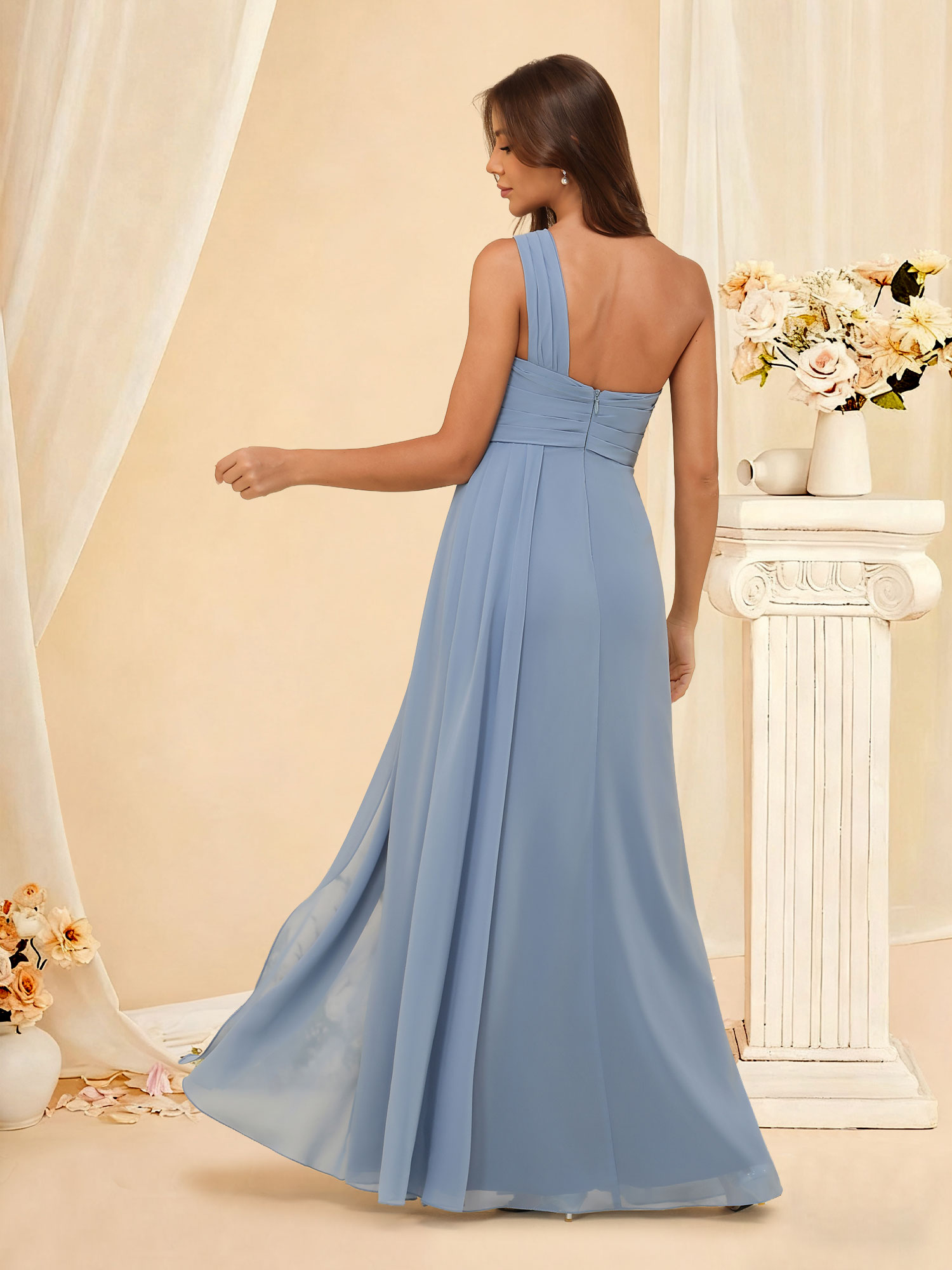 Simple A-Line One Shoulder Chiffon Pleated Slit Bridesmaid Dress #RDBM2504122
