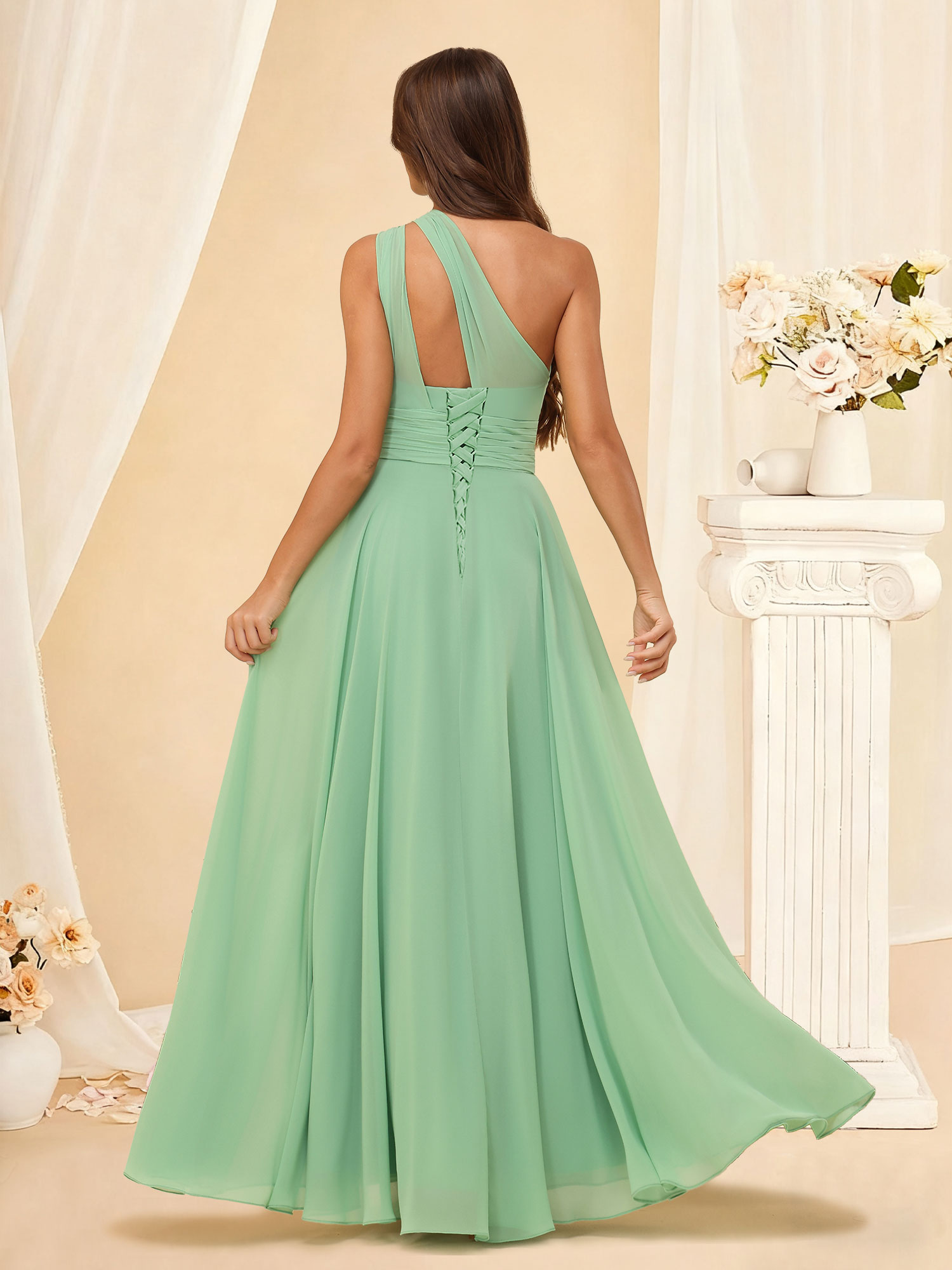 A-Line One Shoulder Chiffon Pleated Floor-Length Bridesmaid Dress #RDBM2503027