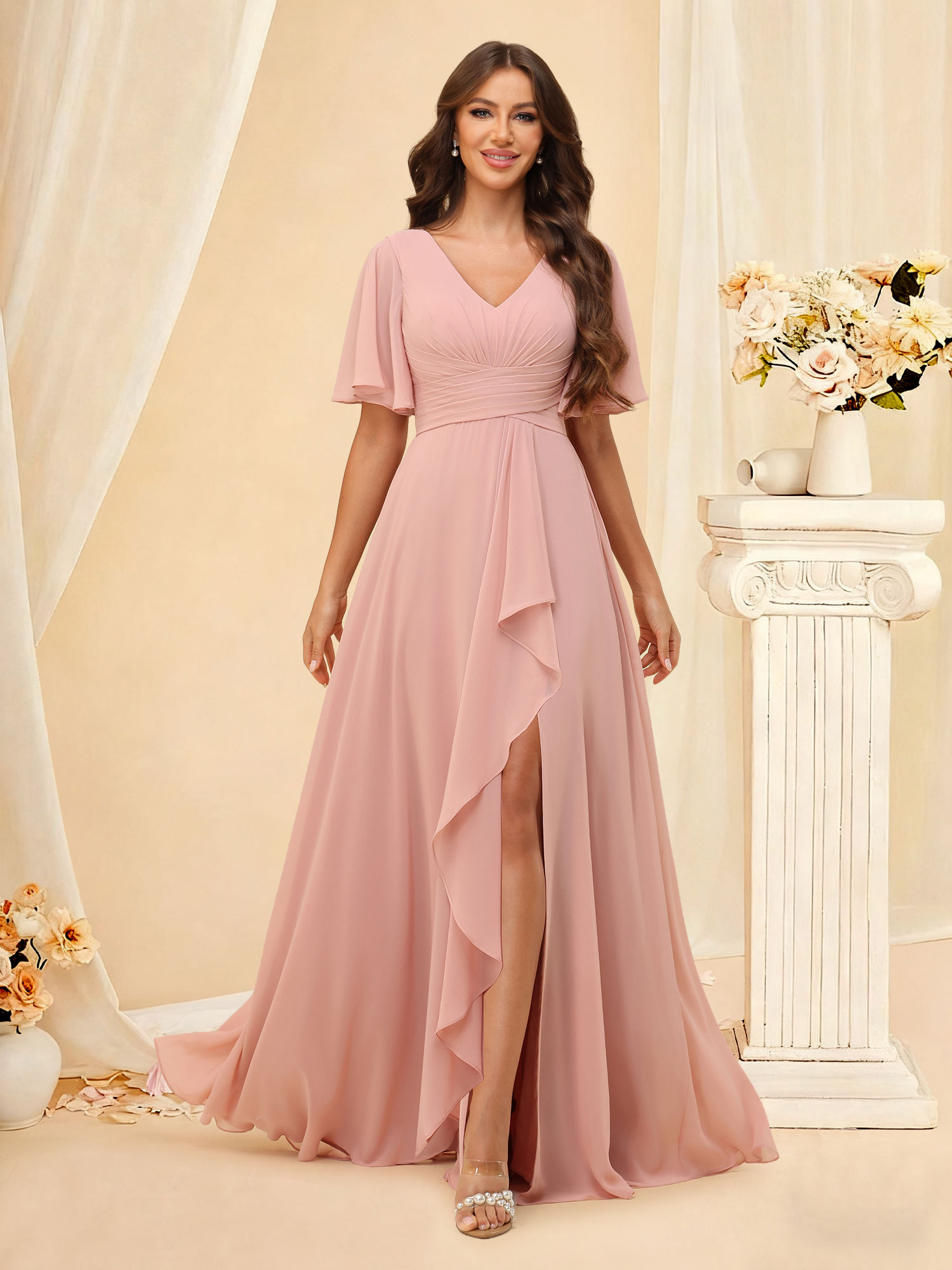 A-line Chiffon V Neck Flutter Sleeve Pleated Ruffled Bridesmaid Dress with Slit #RDBM2507137