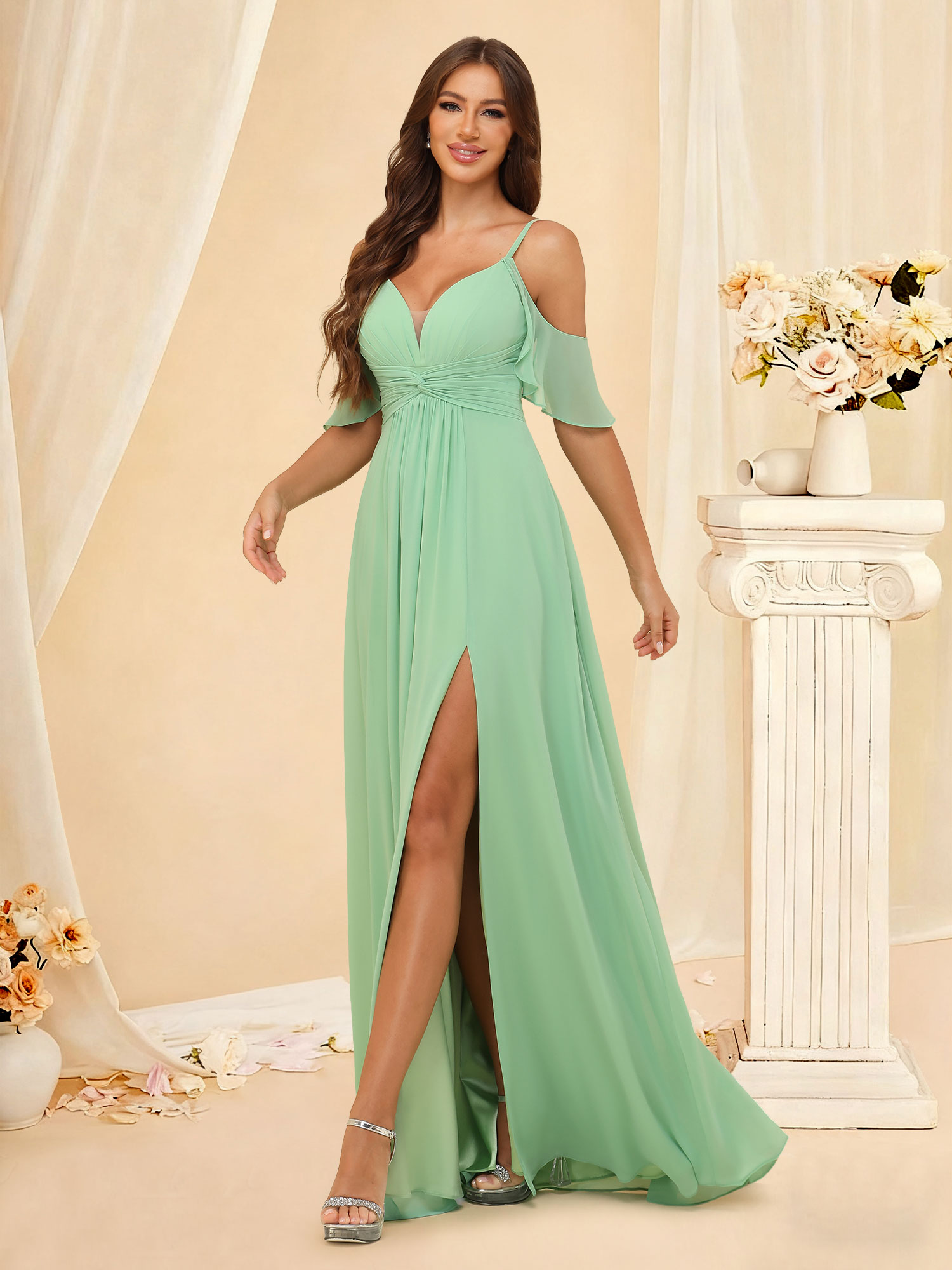 A-line Off Shoulder Chiffon Slit Ruffles Sleeve Corset Bridesmaid Dress #RDBM2507134