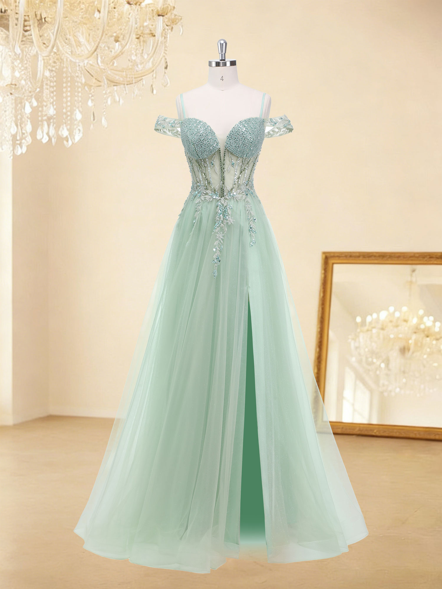 A-line Sweetheart Sparkly Tulle Beaded Lace Appliques Prom Dress