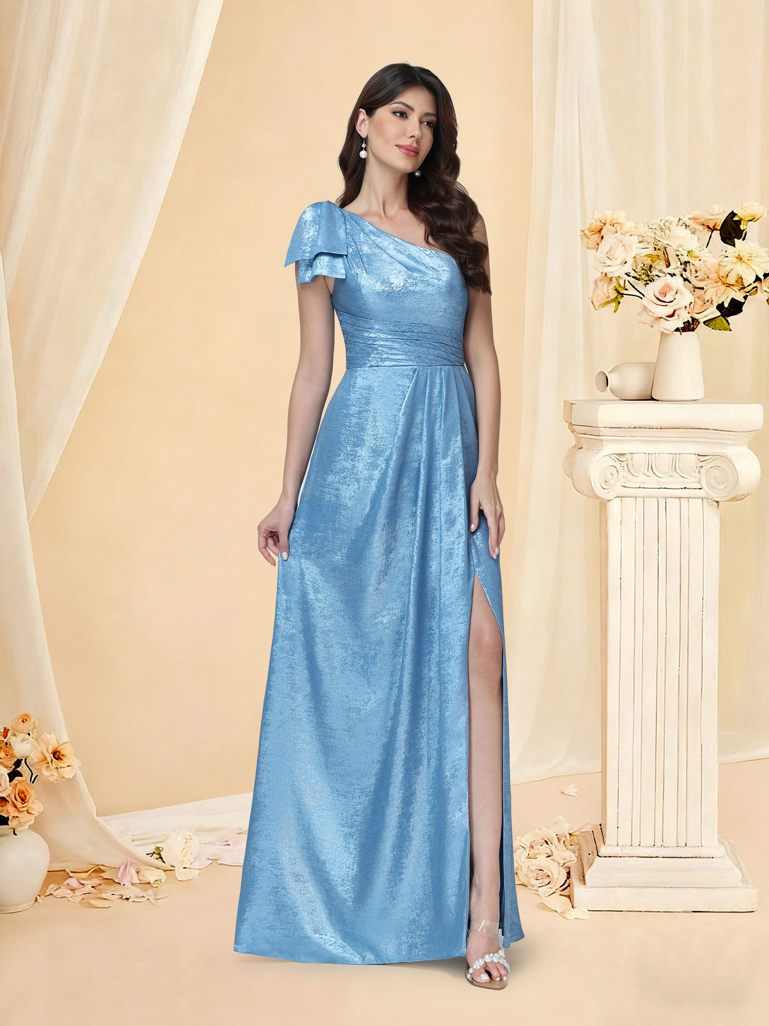A-line One Shoulder Bridesmaid Dress Split Glitter Satin Prom Gown with Bow #RDBM2512052