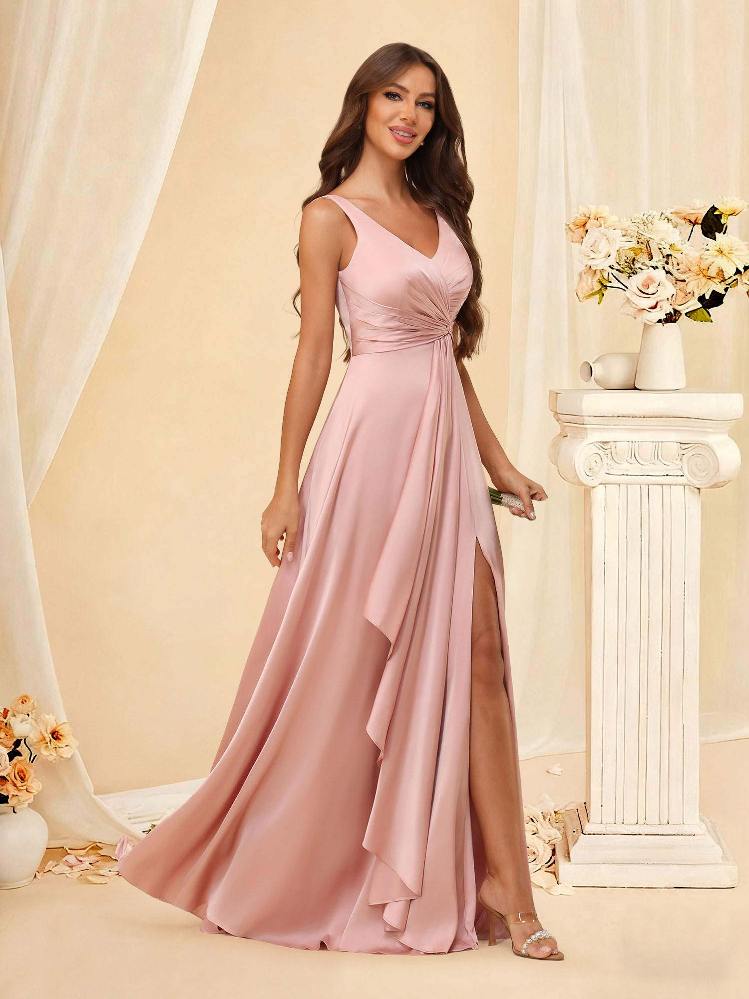 A-line V-Neck Pleated Ruffled Satin Bridesmaid Dress with Pocket #RDBM2507147