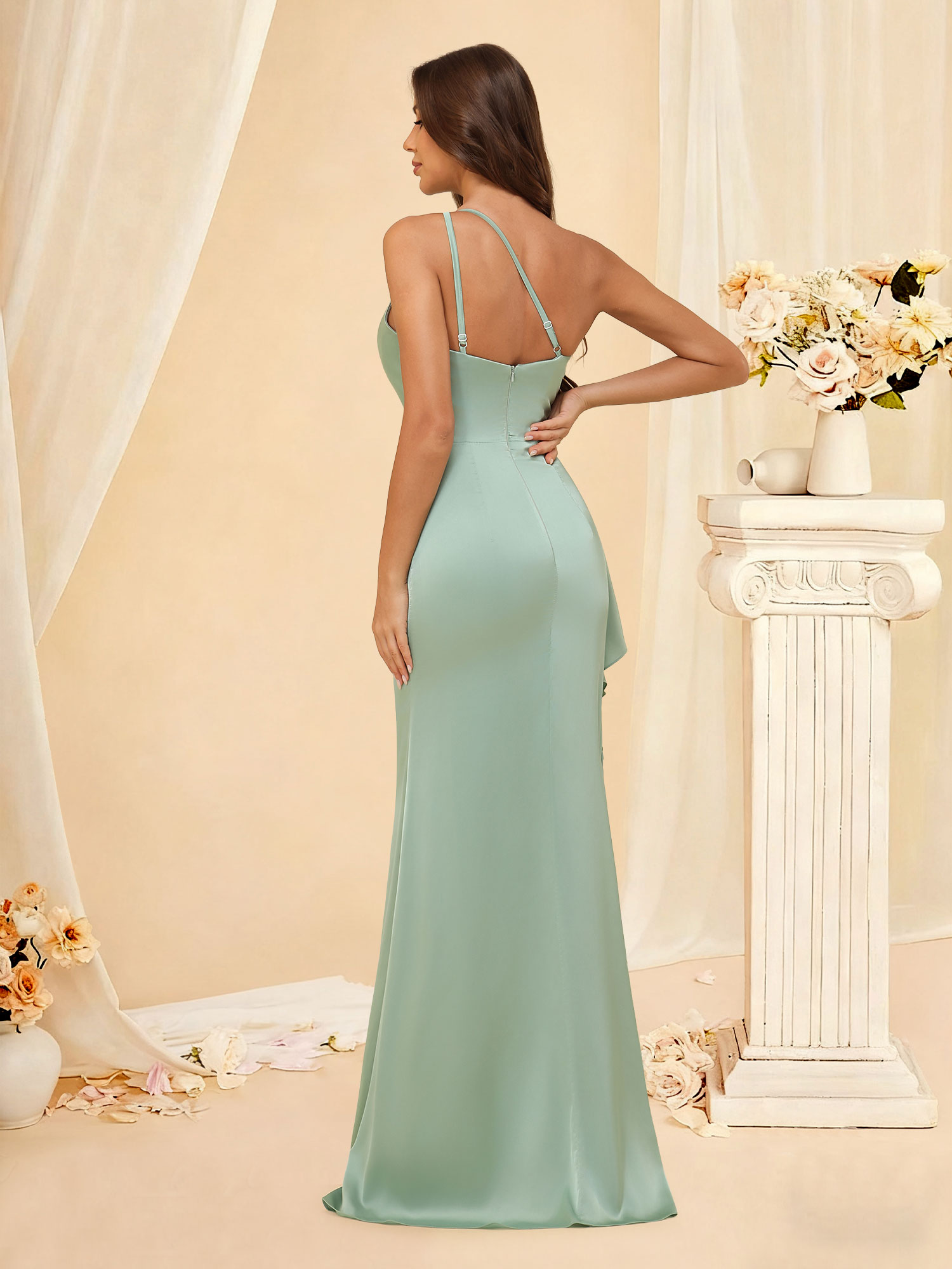 Classic Mermaid Prom Gown One Shoulder Satin Pleated Slit Bridesmaid Dress #RDBM2507139