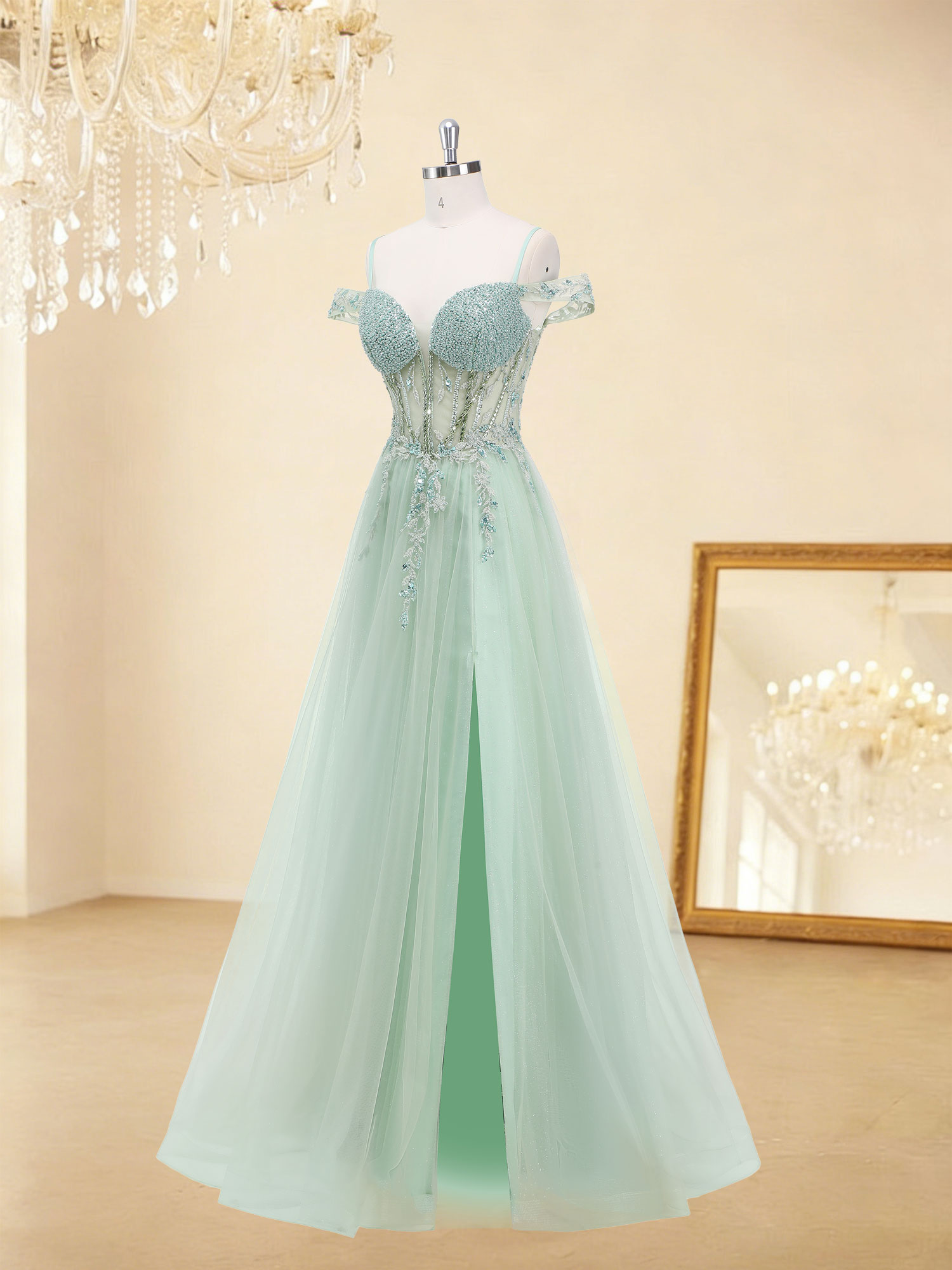 A-line Sweetheart Sparkly Tulle Beaded Lace Appliques Prom Dress