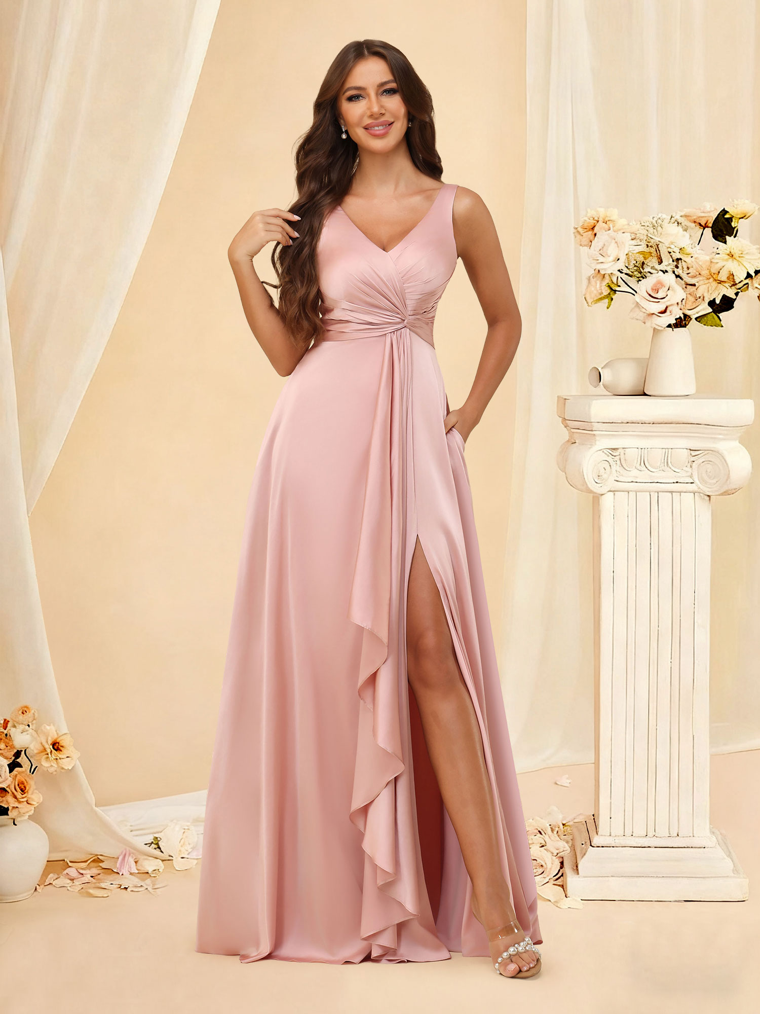 A-line V-Neck Pleated Ruffled Satin Bridesmaid Dress with Pocket #RDBM2507147