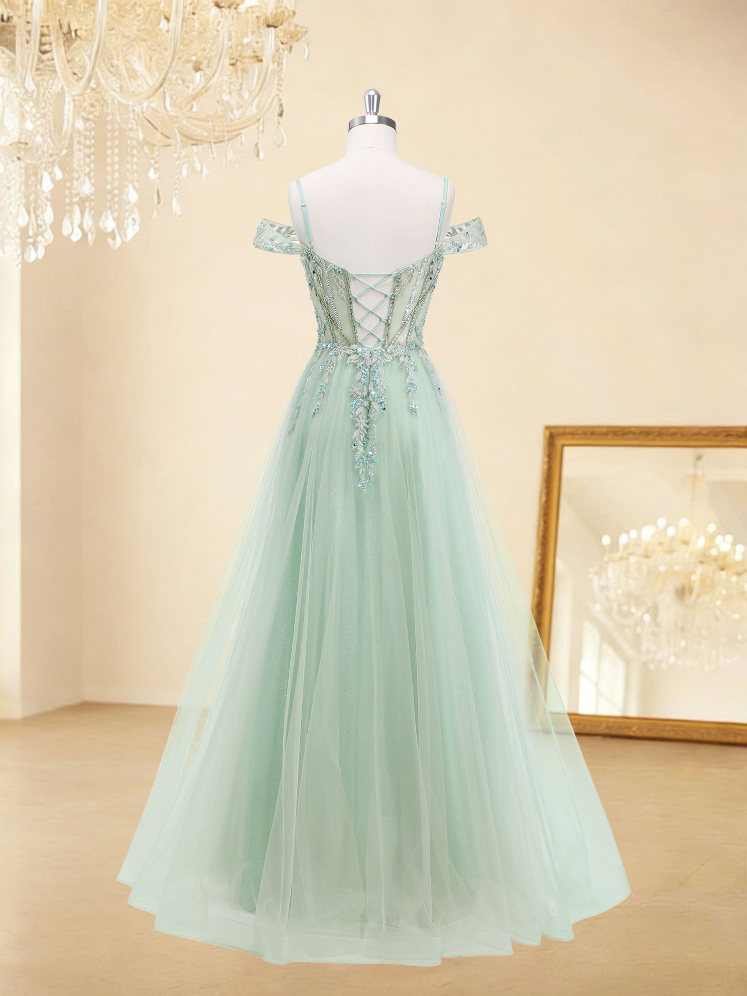 A-line Sweetheart Sparkly Tulle Beaded Lace Appliques Prom Dress