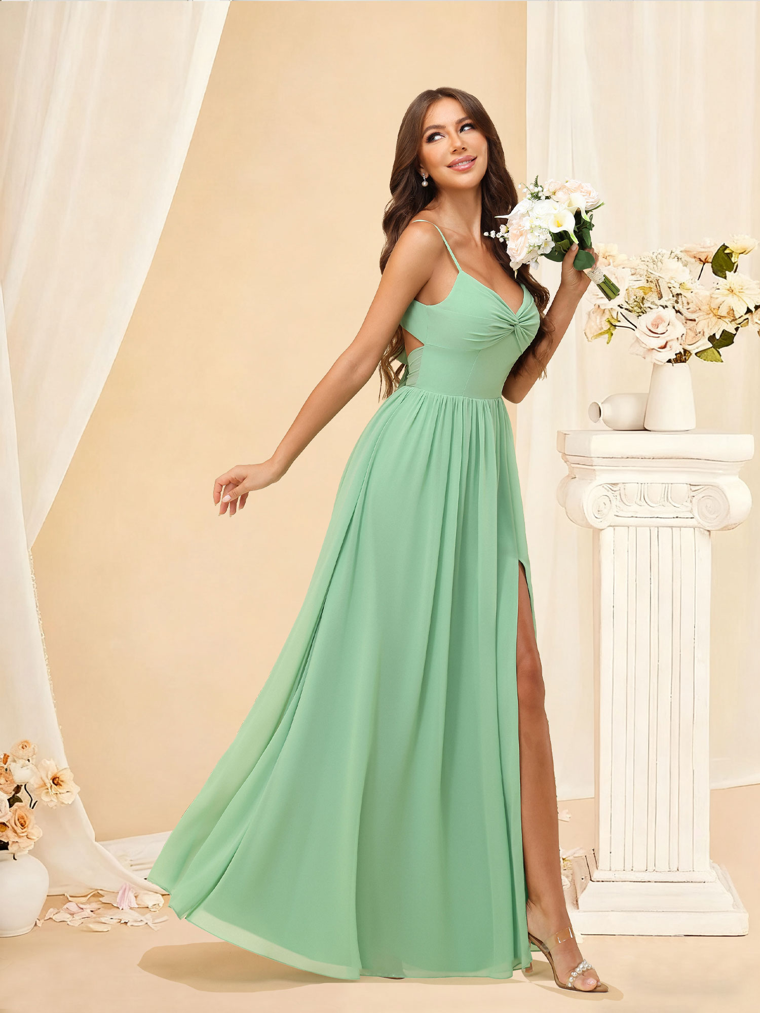 A-line V-Neck Spaghetti Strap Chiffon Pleated Bow Back Bridesmaid Dress #RDBM2504082