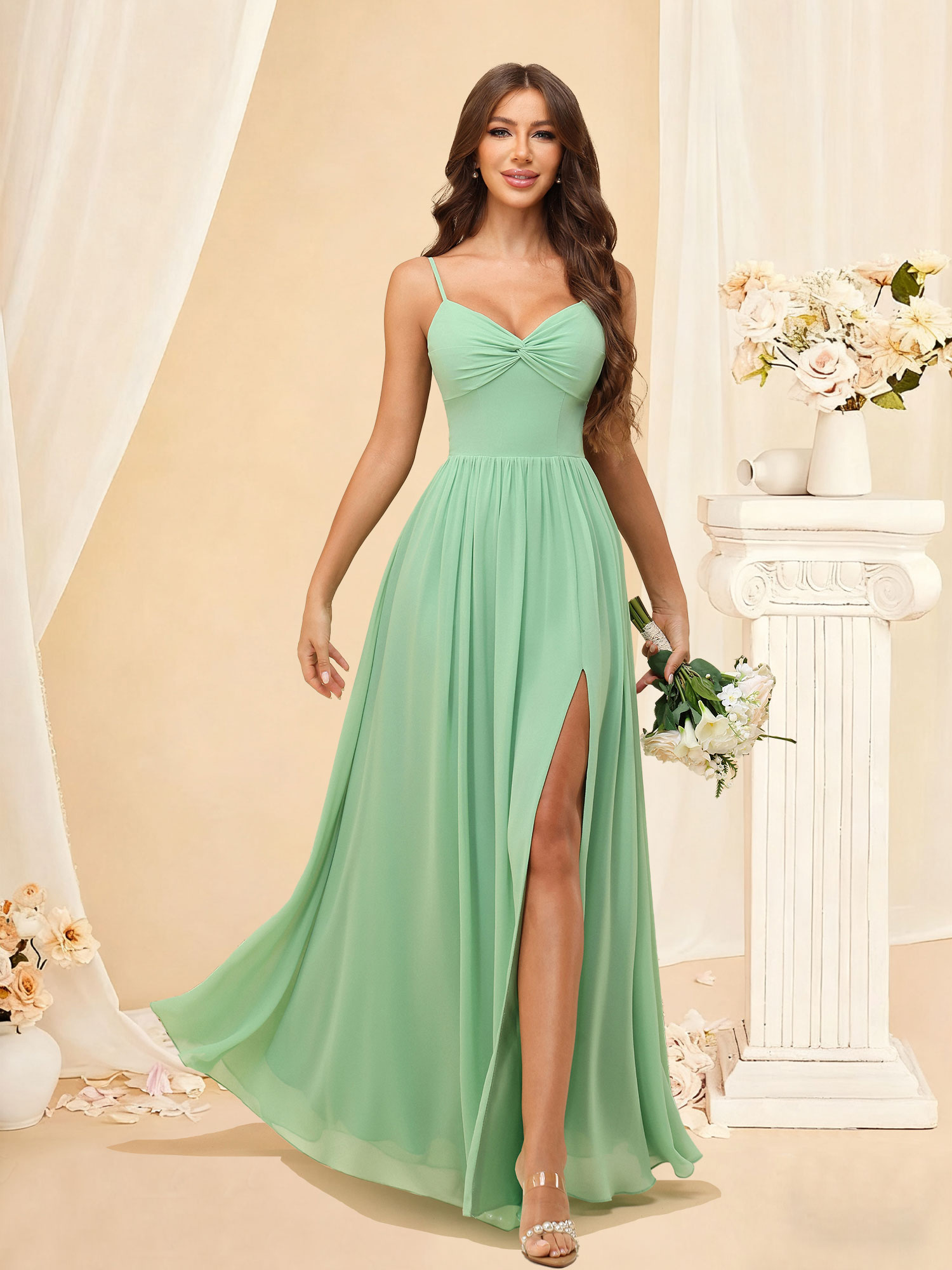 A-line V-Neck Spaghetti Strap Chiffon Pleated Bow Back Bridesmaid Dress #RDBM2504082