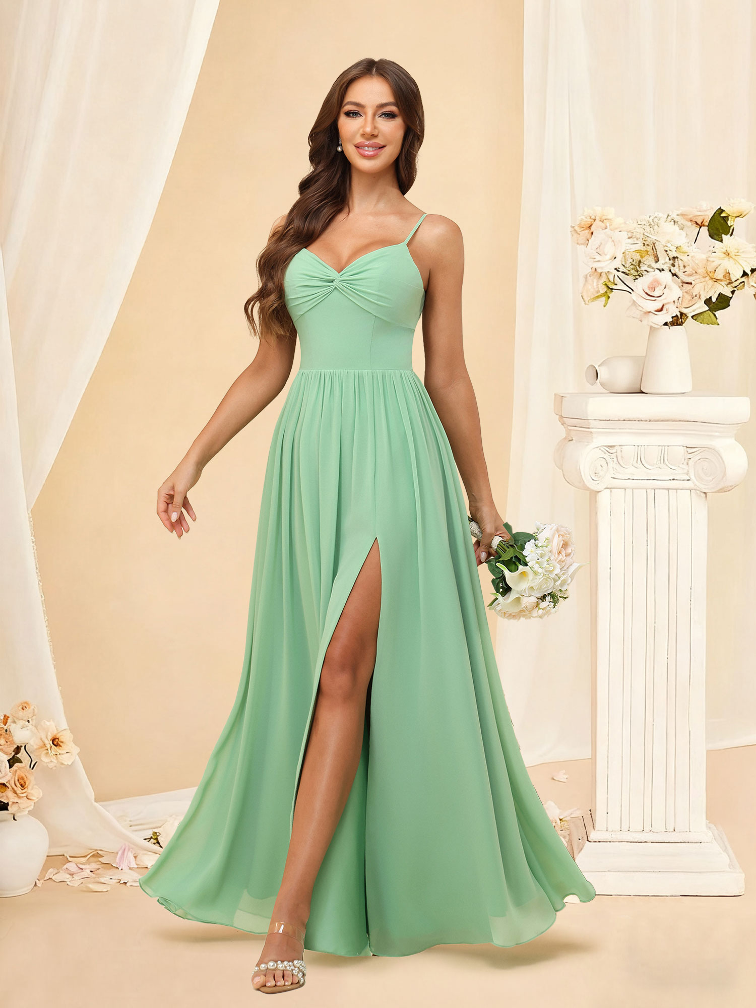 A-line V-Neck Spaghetti Strap Chiffon Pleated Bow Back Bridesmaid Dress #RDBM2504082