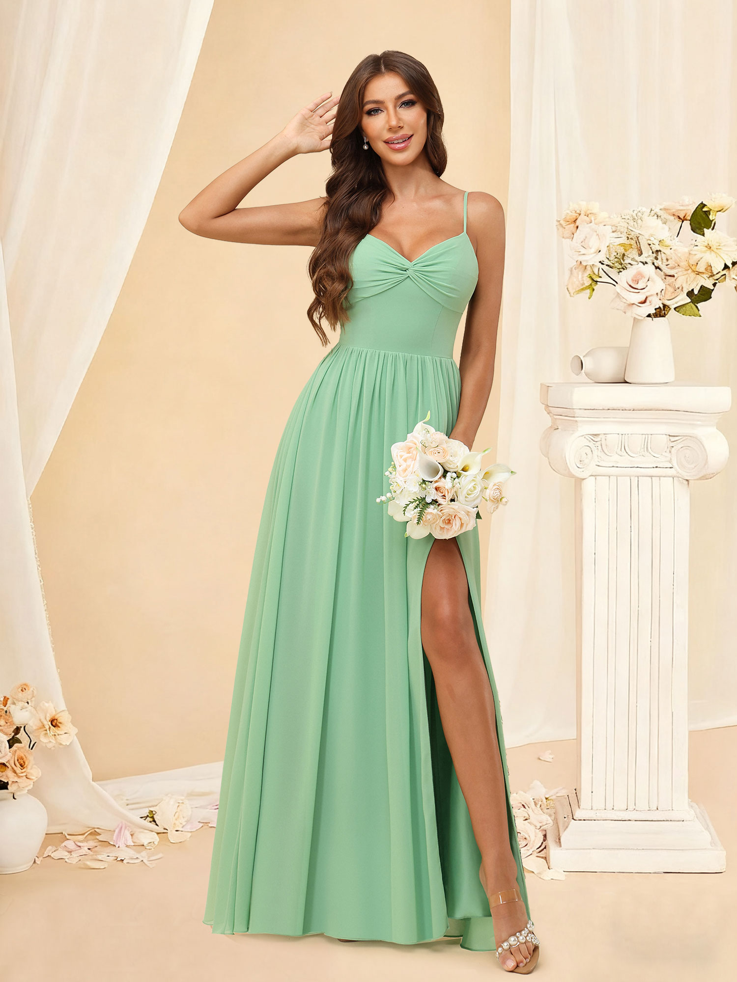 A-line V-Neck Spaghetti Strap Chiffon Pleated Bow Back Bridesmaid Dress #RDBM2504082