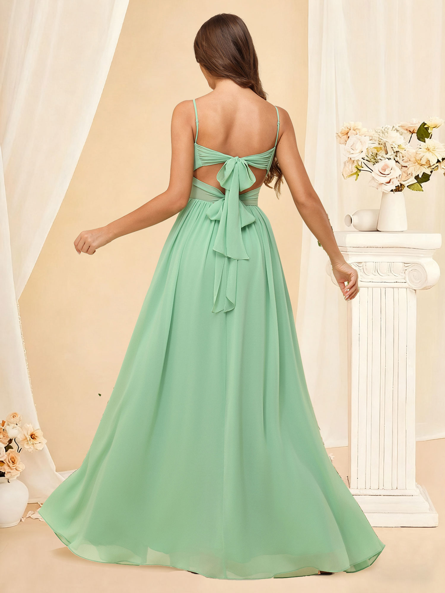 A-line V-Neck Spaghetti Strap Chiffon Pleated Bow Back Bridesmaid Dress #RDBM2504082