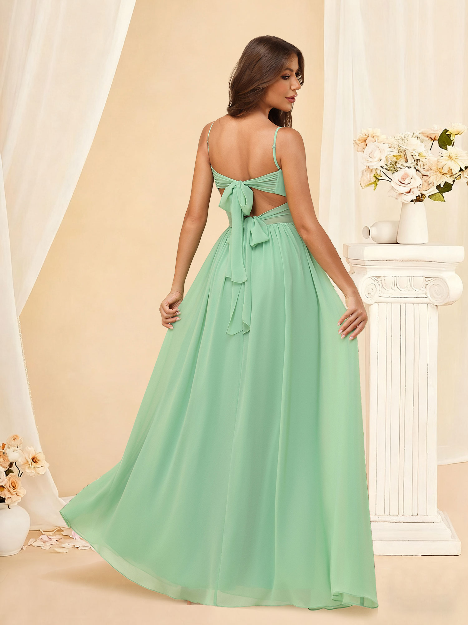 A-line V-Neck Spaghetti Strap Chiffon Pleated Bow Back Bridesmaid Dress #RDBM2504082