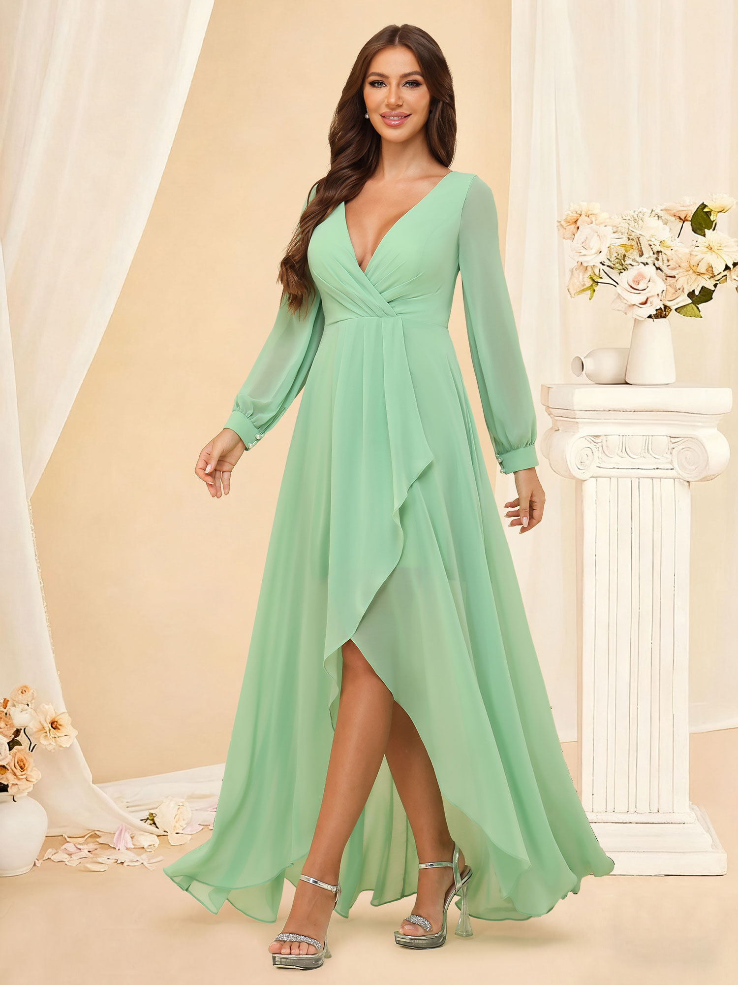 A-Line V-neck Ruffles High Low Chiffon Long Sleeves Bridesmaid Dress #RDBM2507136