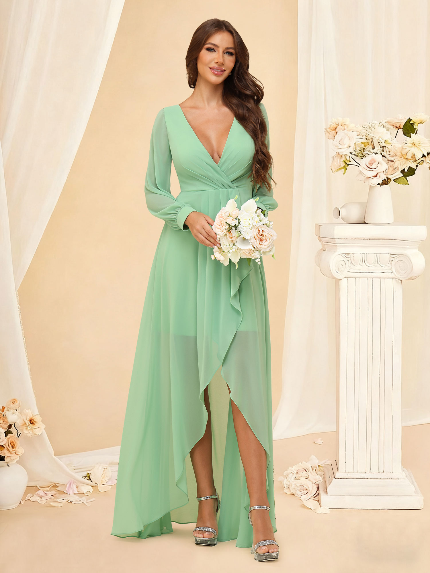 A-Line V-neck Ruffles High Low Chiffon Long Sleeves Bridesmaid Dress #RDBM2507136