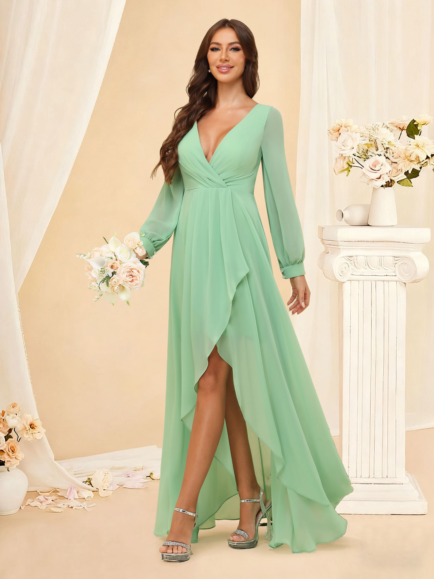 A-Line V-neck Ruffles High Low Chiffon Long Sleeves Bridesmaid Dress #RDBM2507136