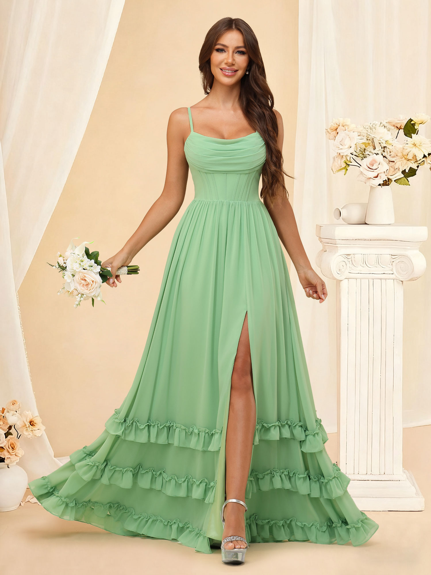 A-Line Cowl Neck Spaghetti Straps Chiffon Slit Ruffles Bridesmaid Dress #RDBM2507130