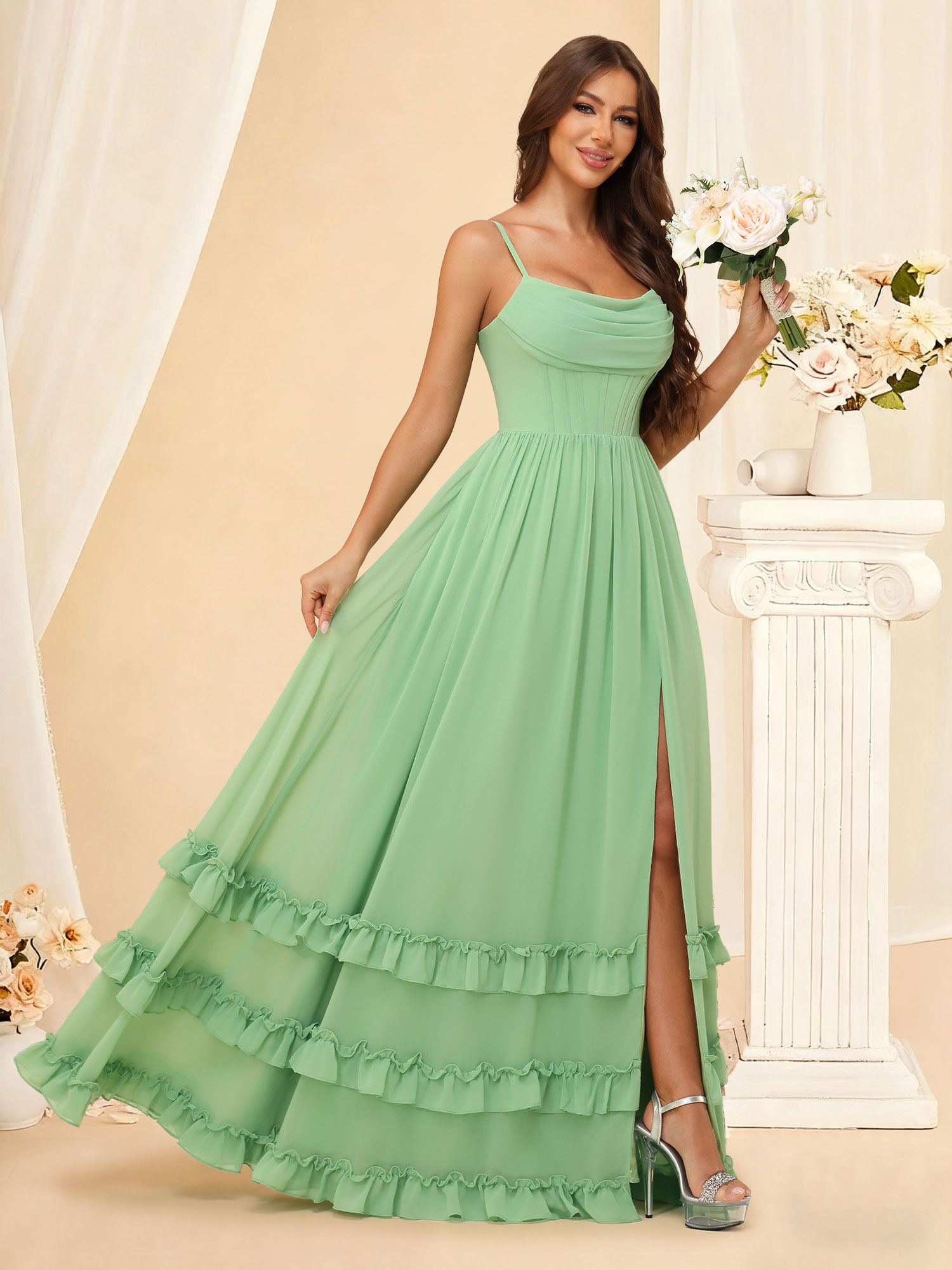A-Line Cowl Neck Spaghetti Straps Chiffon Slit Ruffles Bridesmaid Dress #RDBM2507130
