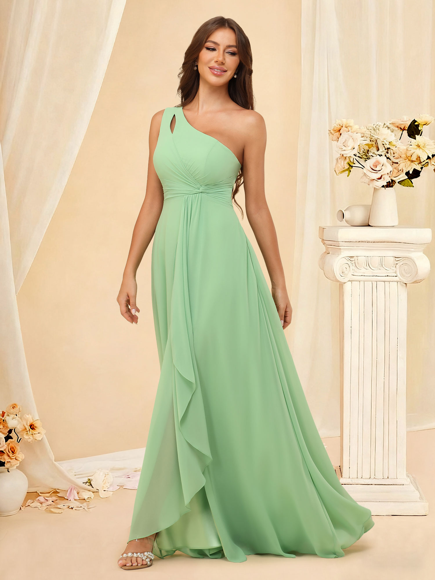A-Line One Shoulder Chiffon Ruffles Slit Bridesmaid Dress with Pockets #RDBM2507131