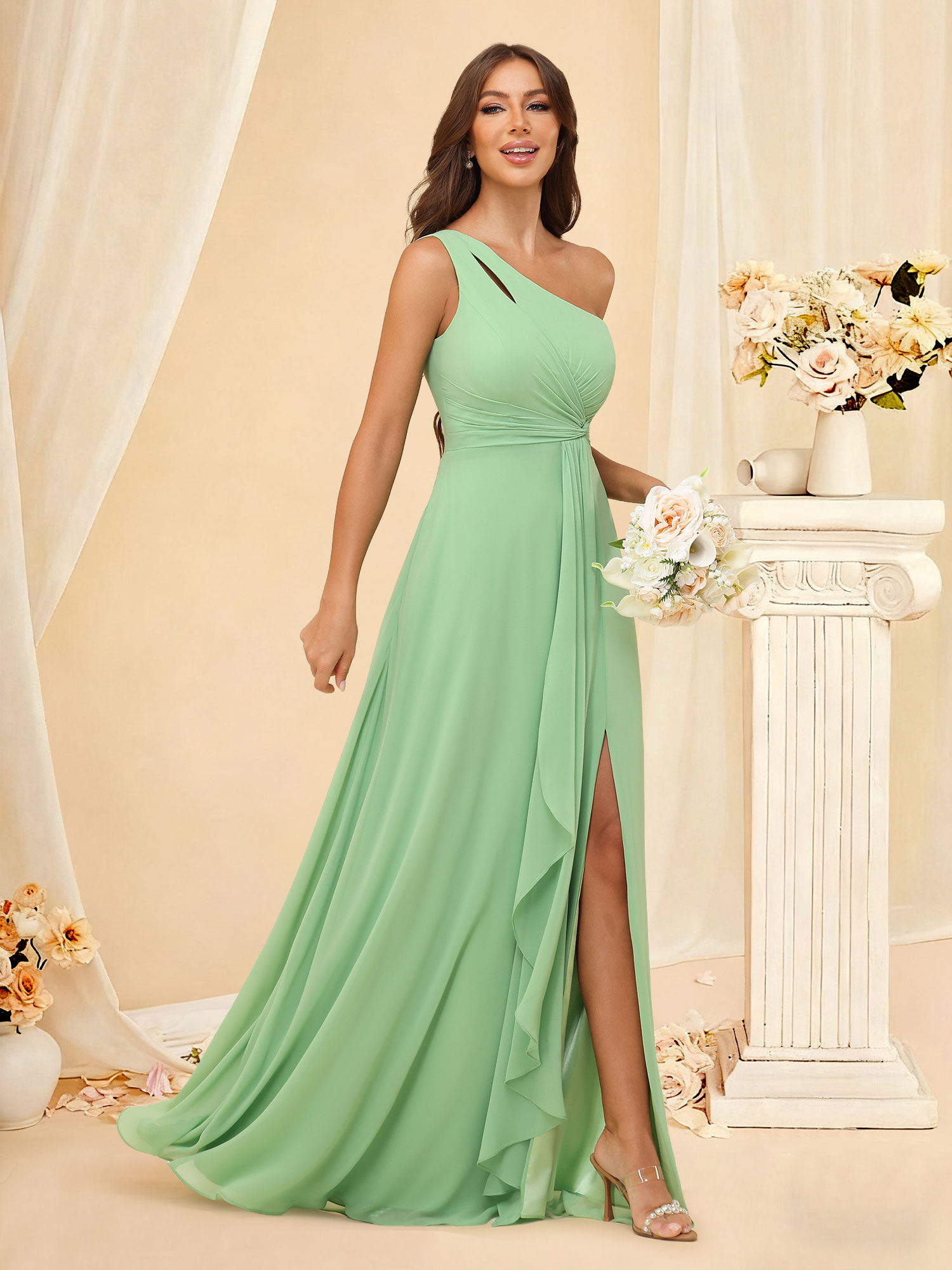 A-Line One Shoulder Chiffon Ruffles Slit Bridesmaid Dress with Pockets #RDBM2507131