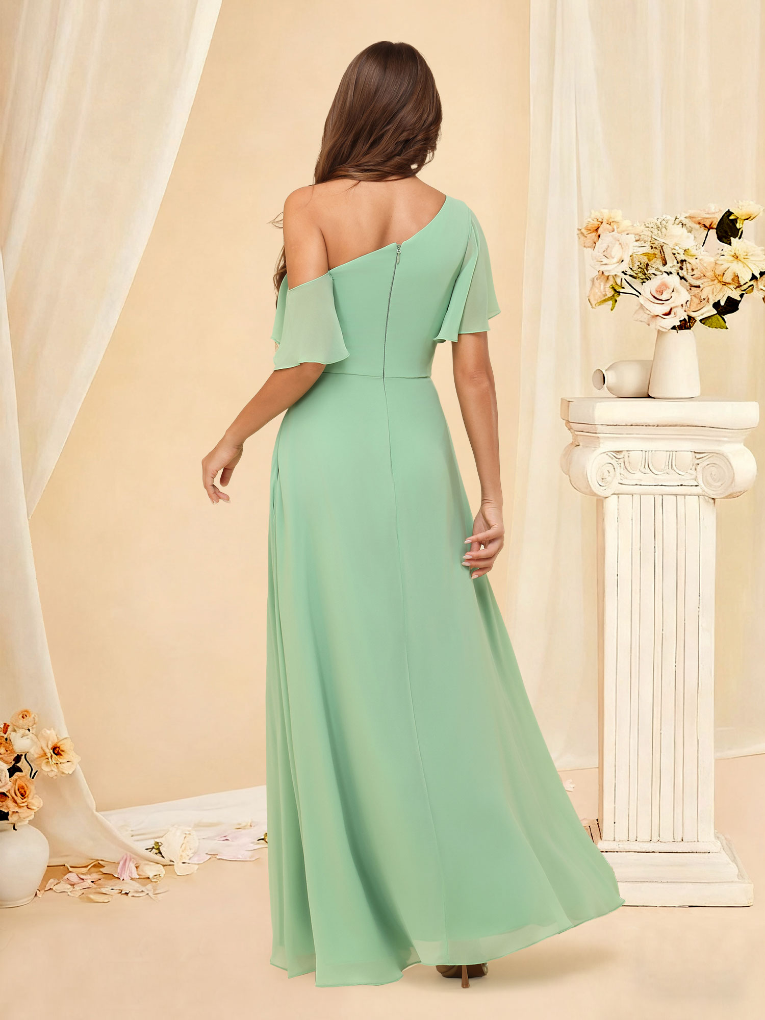 A-line One Shoulder Short Sleeve Ruffled Chiffon Bridesmaid Dress #RDPR2403073