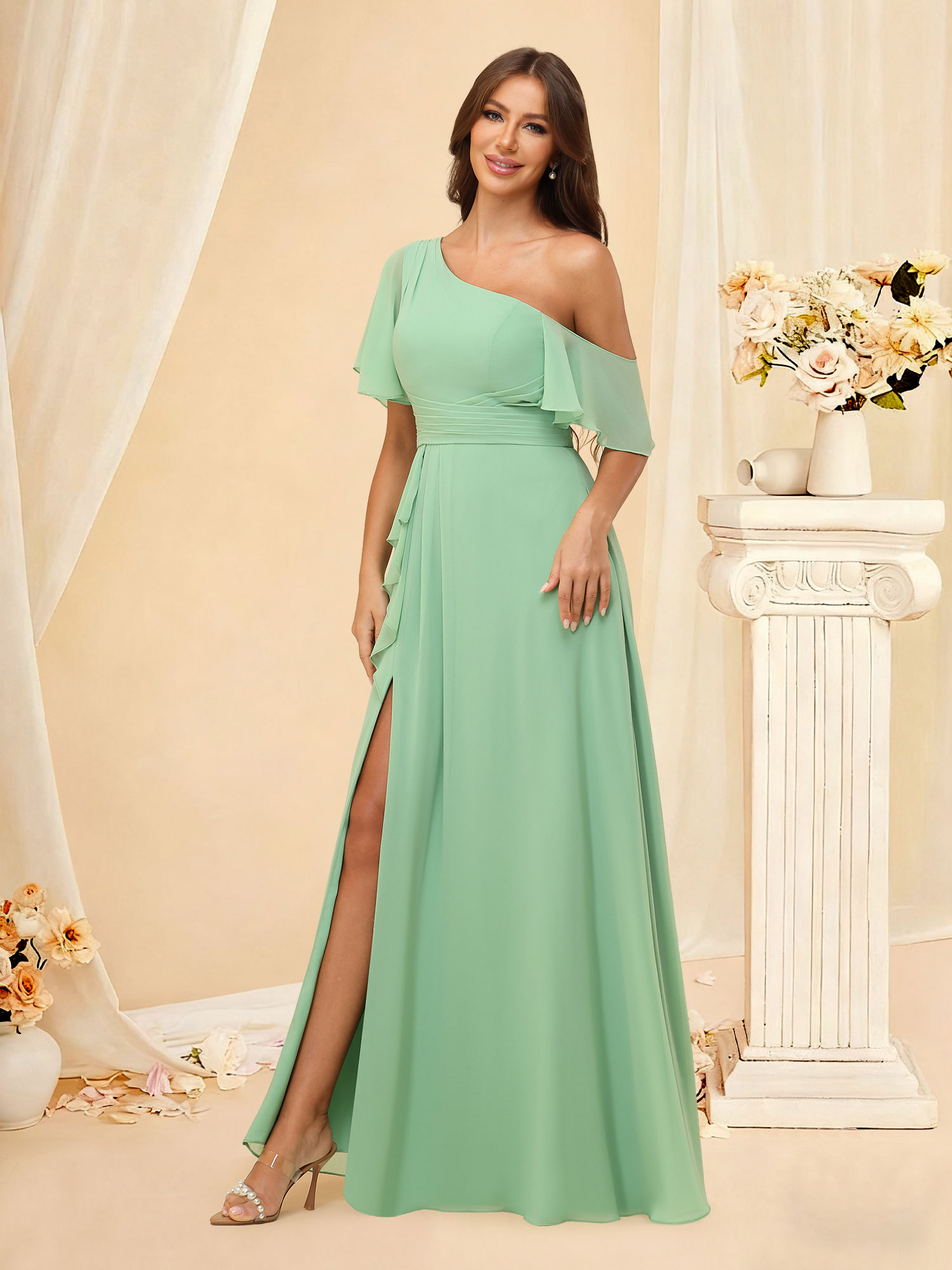 A-line One Shoulder Short Sleeve Ruffled Chiffon Bridesmaid Dress #RDPR2403073