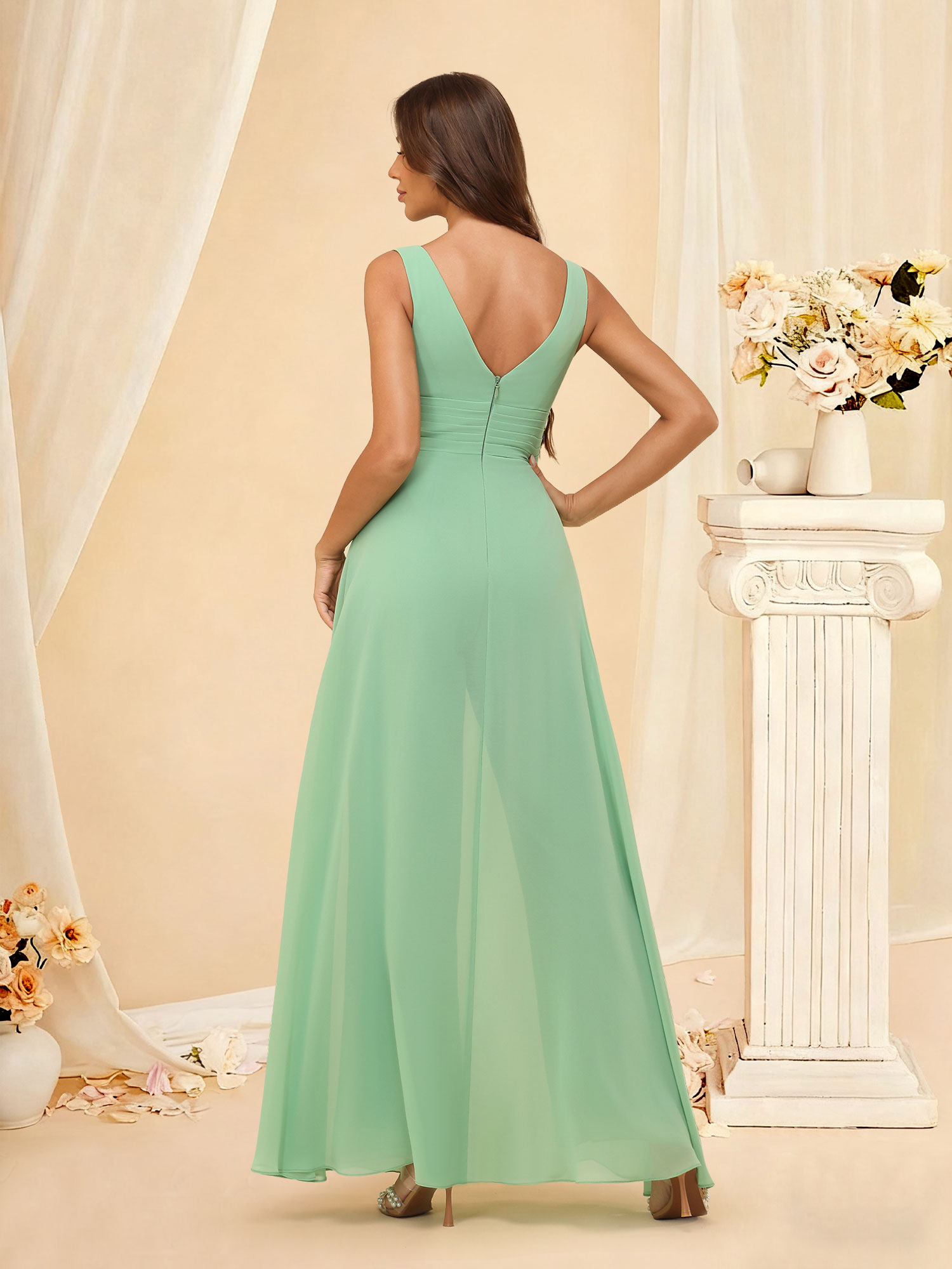 V-Neck Chiffon Bridesmaid Dress with Pants Flowry A-Line Prom Gown #RDBM2507216