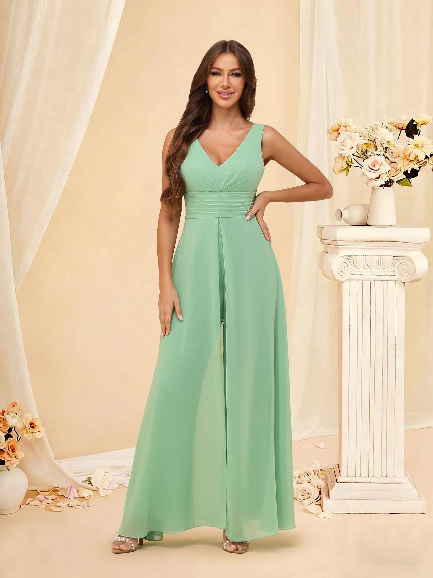 V-Neck Chiffon Bridesmaid Dress with Pants Flowry A-Line Prom Gown #RDBM2507216
