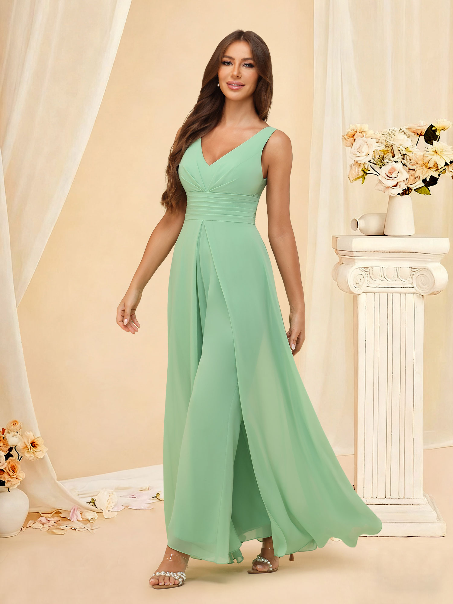 V-Neck Chiffon Bridesmaid Dress with Pants Flowry A-Line Prom Gown #RDBM2507216