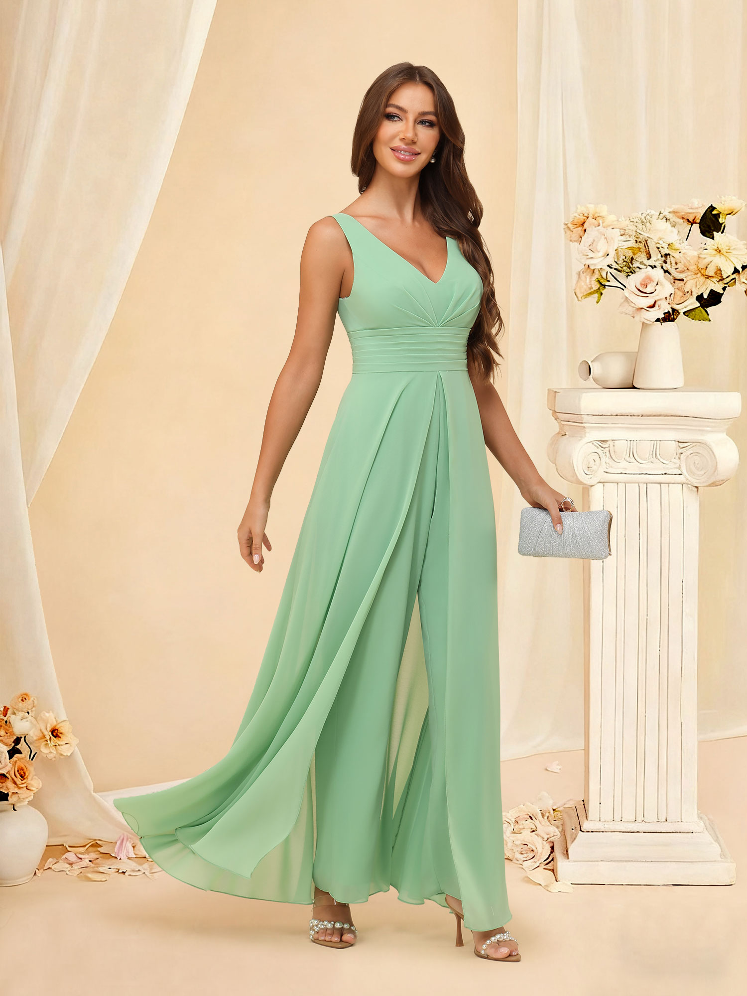 V-Neck Chiffon Bridesmaid Dress with Pants Flowry A-Line Prom Gown #RDBM2507216