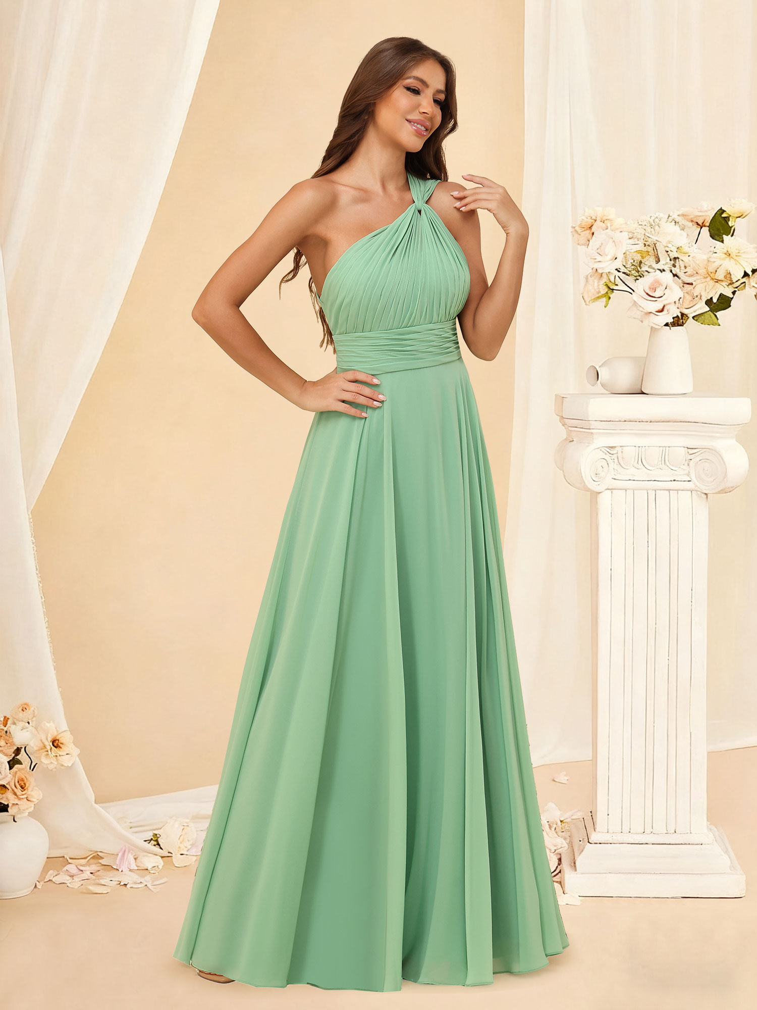 A-Line One Shoulder Chiffon Pleated Floor-Length Bridesmaid Dress #RDBM2503027