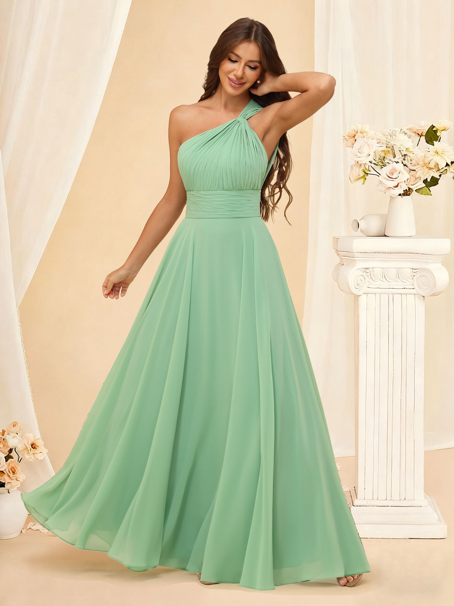 A-Line One Shoulder Chiffon Pleated Floor-Length Bridesmaid Dress #RDBM2503027